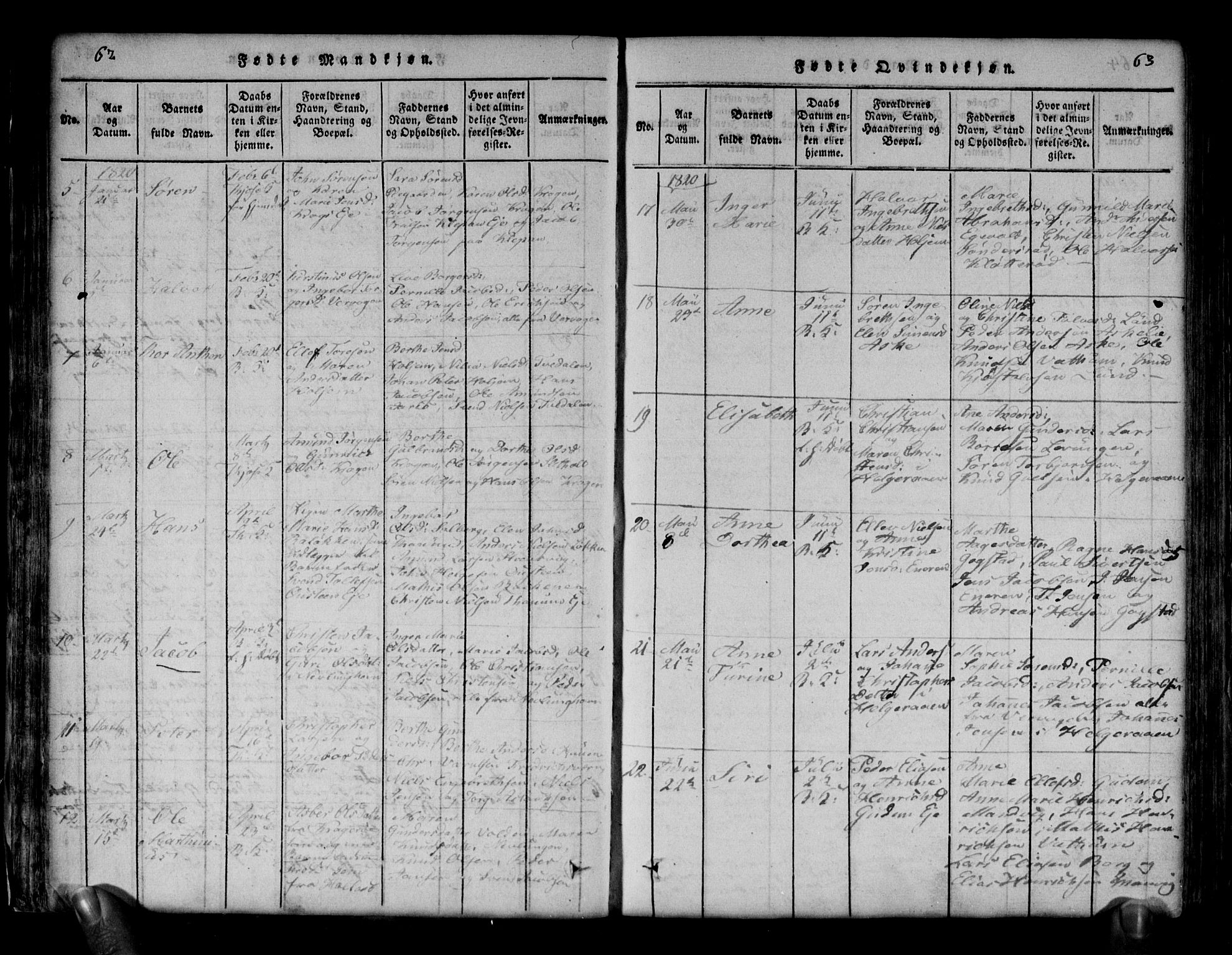 Brunlanes kirkebøker, AV/SAKO-A-342/G/Ga/L0001: Klokkerbok nr. I 1, 1814-1834, s. 62-63