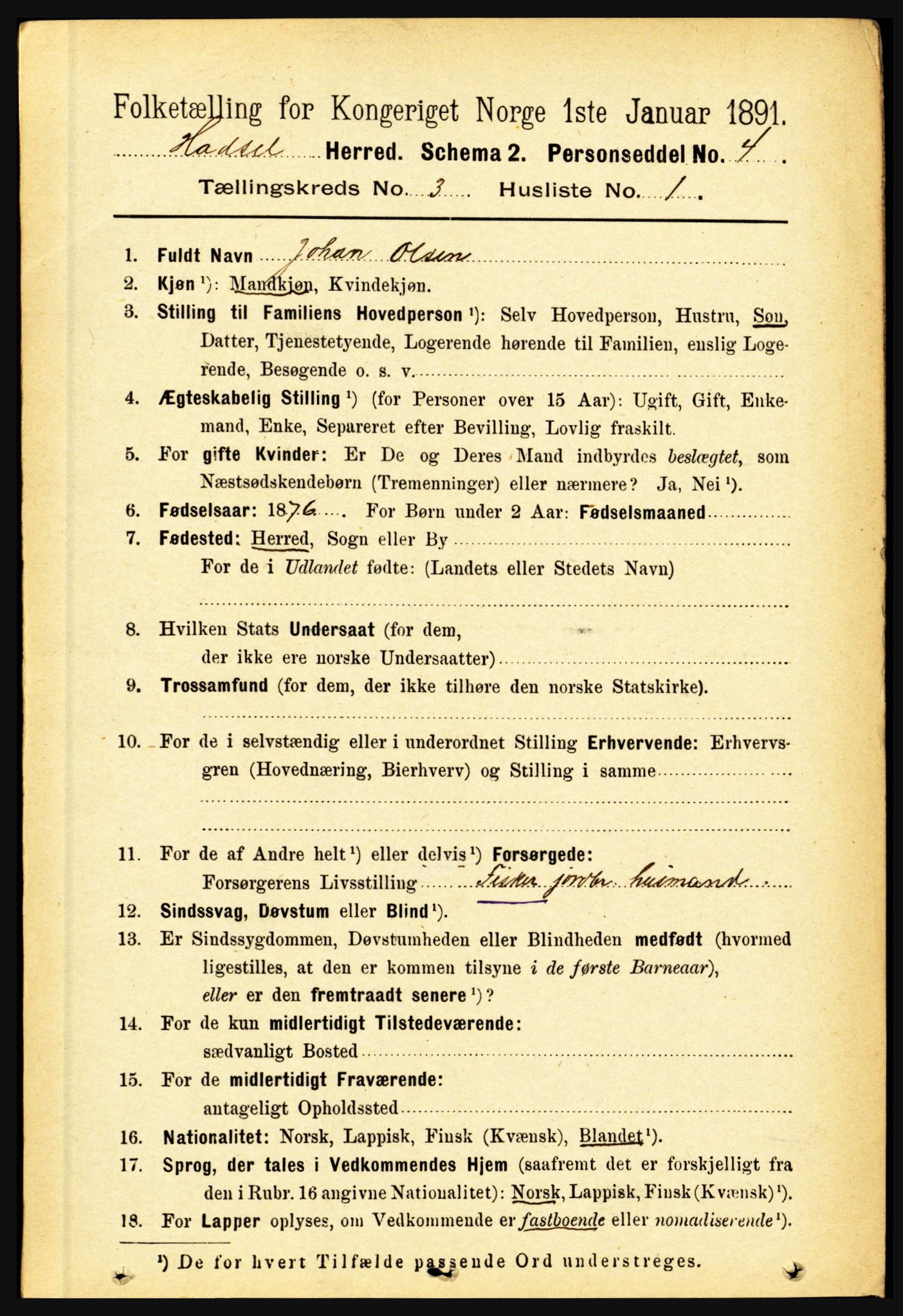 RA, Folketelling 1891 for 1866 Hadsel herred, 1891, s. 1085