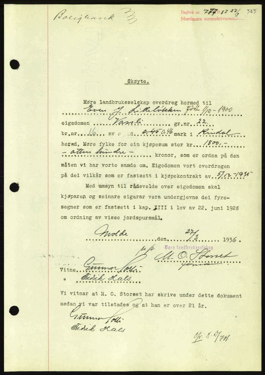 Nordmøre sorenskriveri, SAT/A-4132/1/2/2Ca: Pantebok nr. A81, 1937-1937, Dagboknr: 777/1937