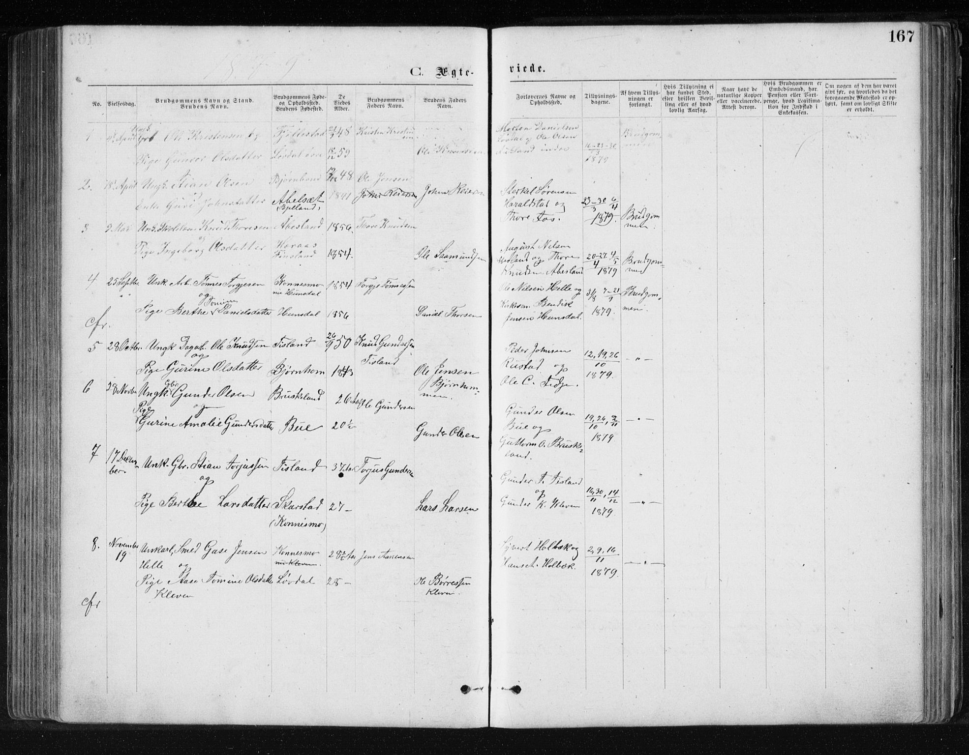 Holum sokneprestkontor, AV/SAK-1111-0022/F/Fb/Fbb/L0003: Klokkerbok nr. B 3, 1875-1898, s. 167