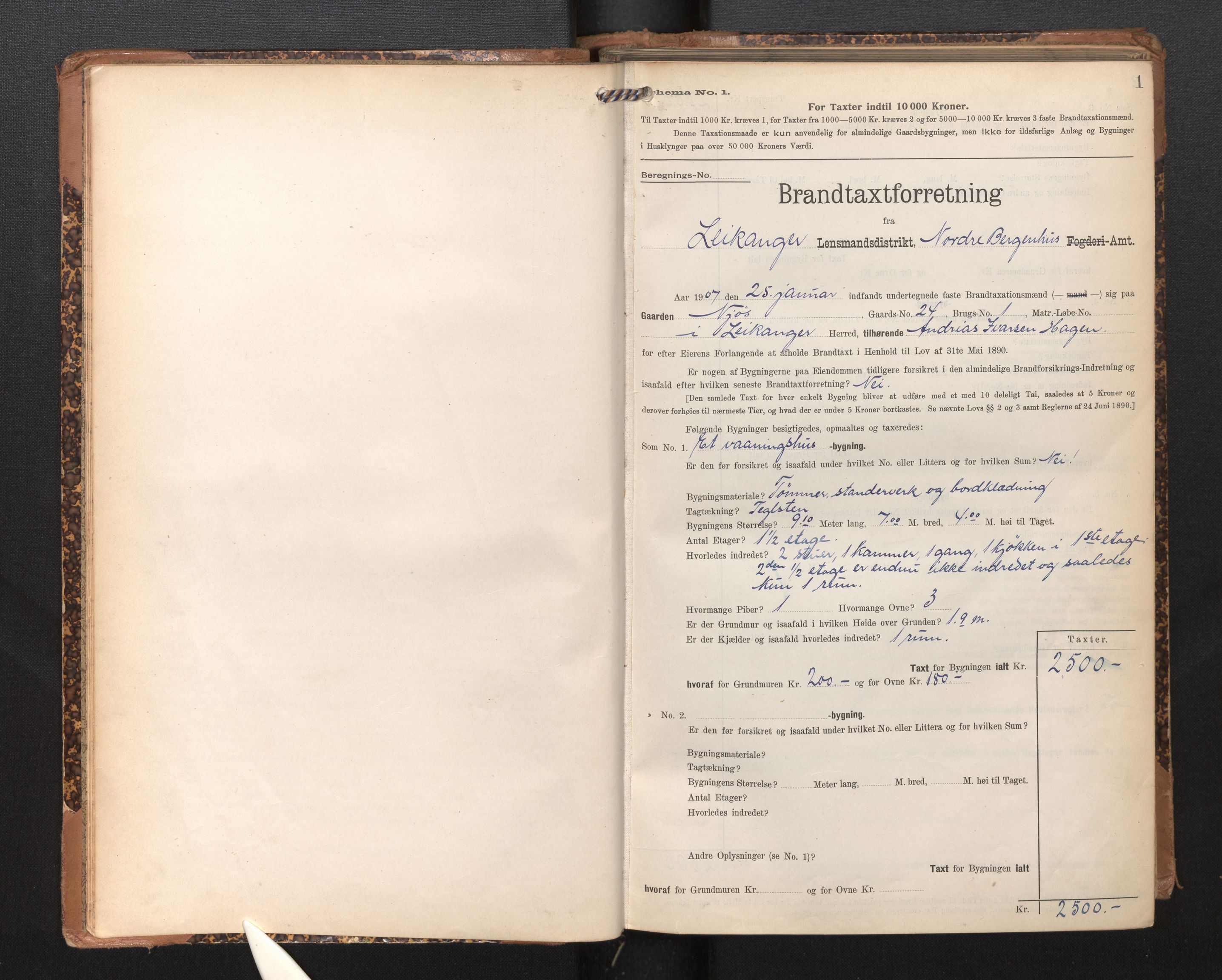 Lensmannen i Leikanger, SAB/A-29201/0012/L0005: Branntakstprotokoll, skjematakst, 1907-1917, s. 1