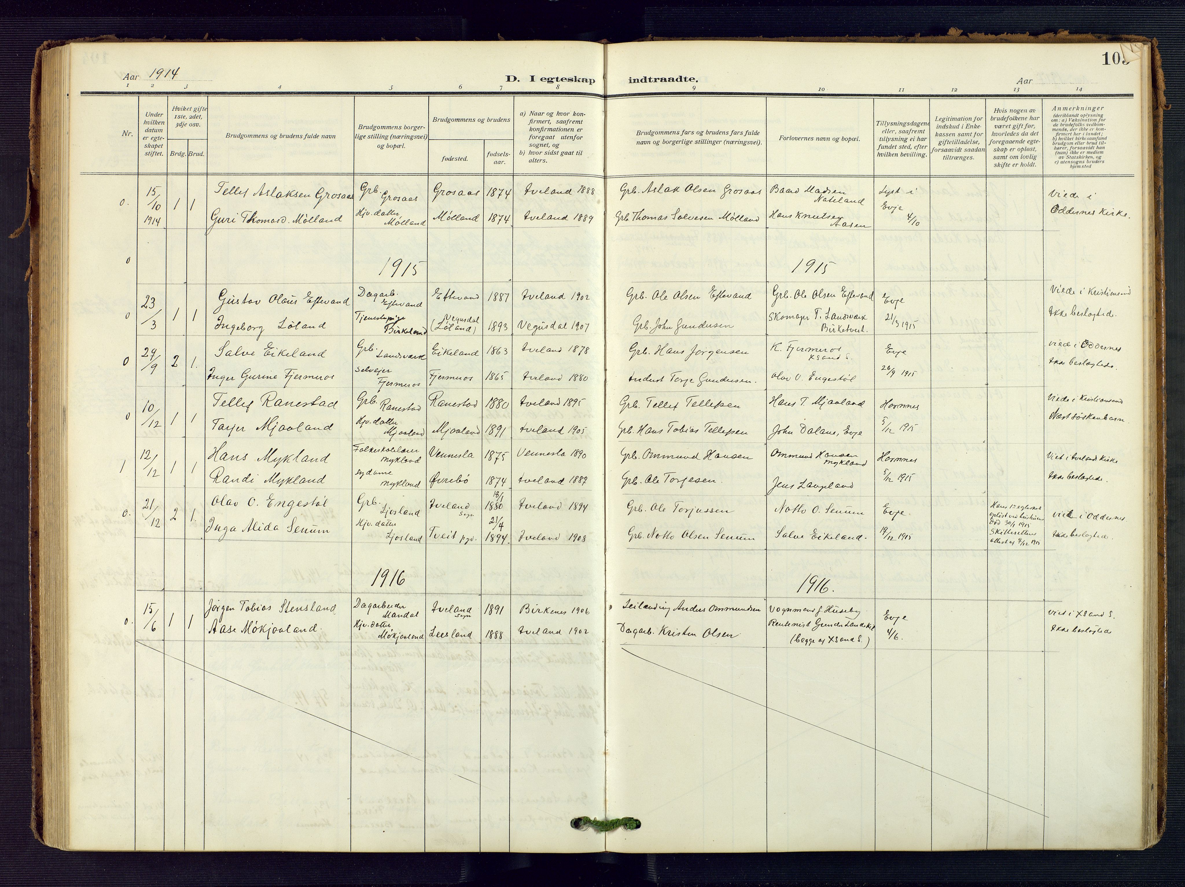 Evje sokneprestkontor, SAK/1111-0008/F/Fa/Fac/L0004: Ministerialbok nr. A 4, 1910-1932, s. 105