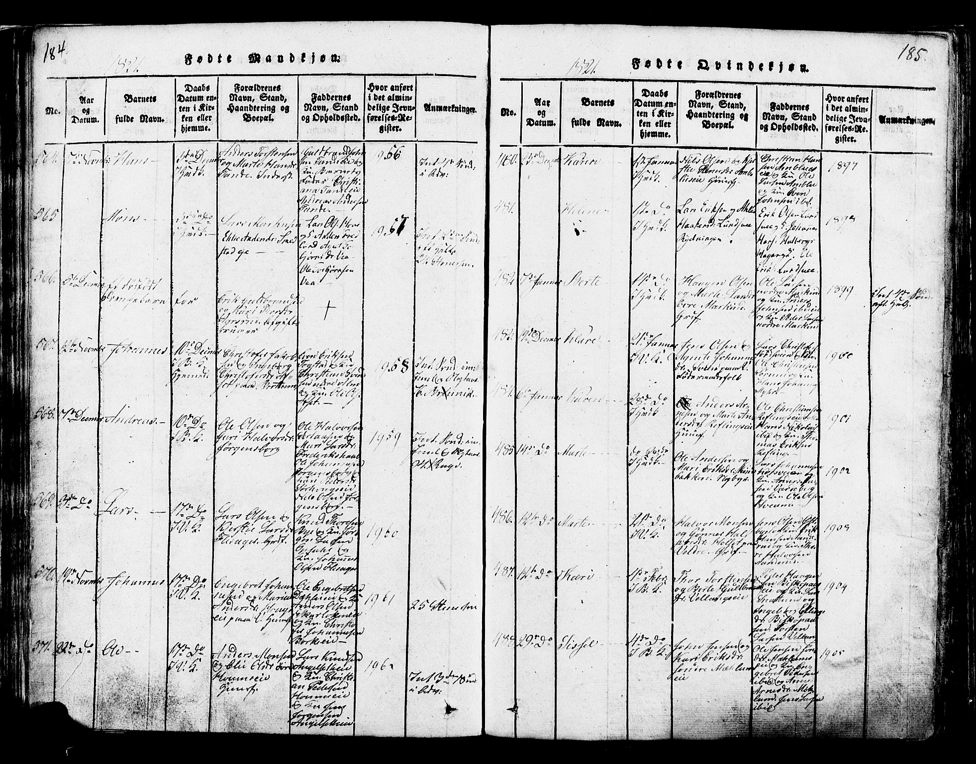 Ringsaker prestekontor, AV/SAH-PREST-014/K/Ka/L0005: Ministerialbok nr. 5, 1814-1826, s. 184-185