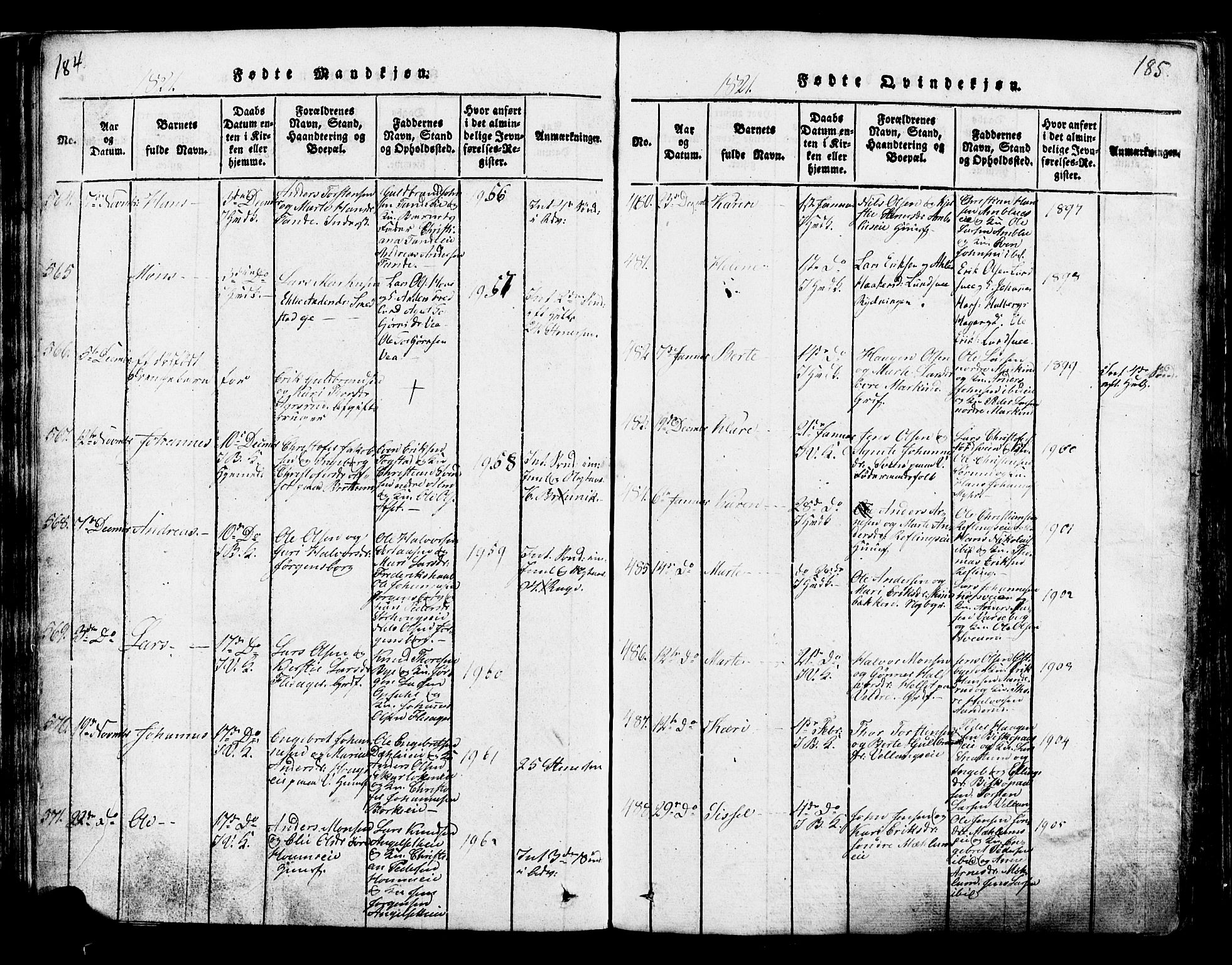 Ringsaker prestekontor, SAH/PREST-014/K/Ka/L0005: Ministerialbok nr. 5, 1814-1826, s. 184-185