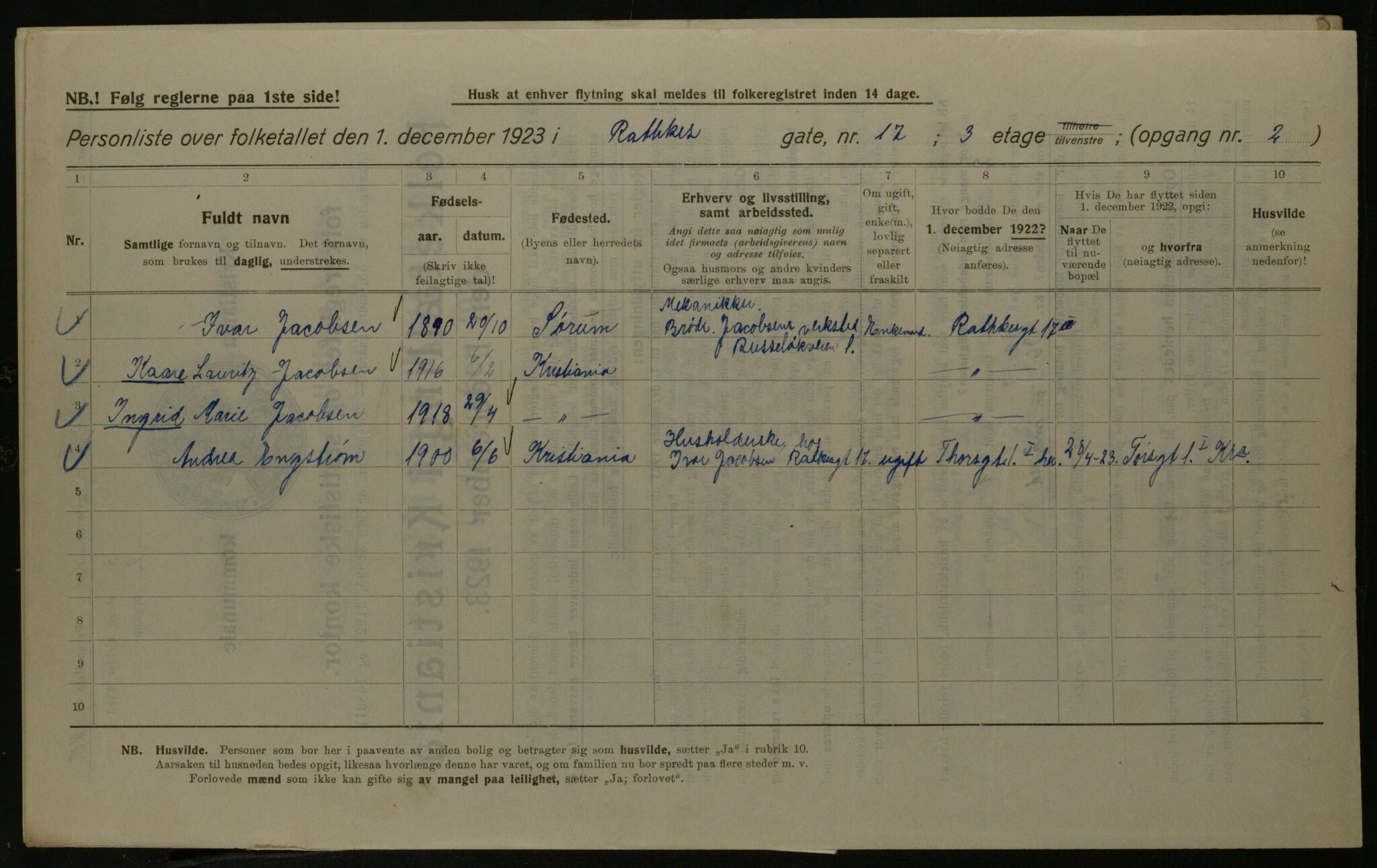 OBA, Kommunal folketelling 1.12.1923 for Kristiania, 1923, s. 91311