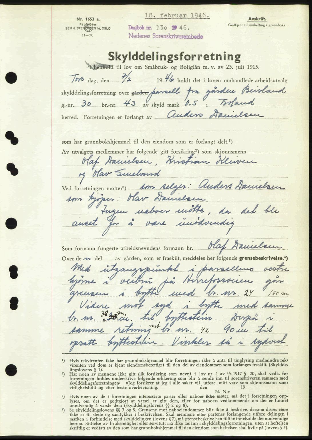 Nedenes sorenskriveri, AV/SAK-1221-0006/G/Gb/Gba/L0054: Pantebok nr. A6c, 1946-1946, Dagboknr: 130/1946
