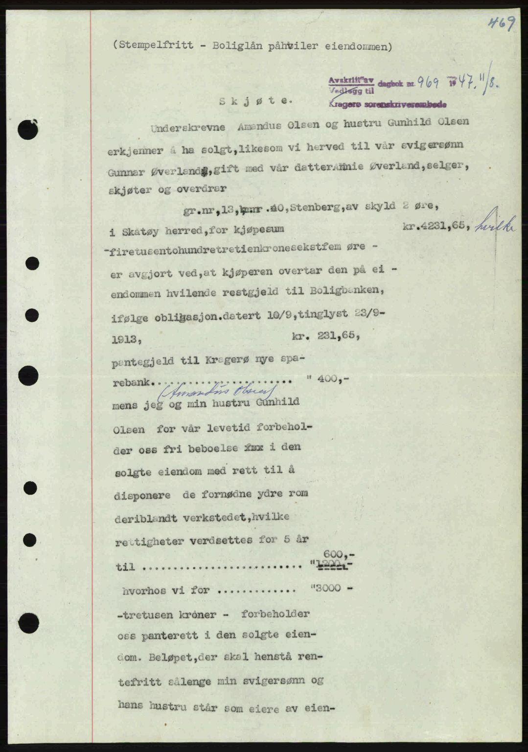 Kragerø sorenskriveri, SAKO/A-65/G/Ga/Gab/L0061: Pantebok nr. A-61, 1947-1947, Dagboknr: 969/1947