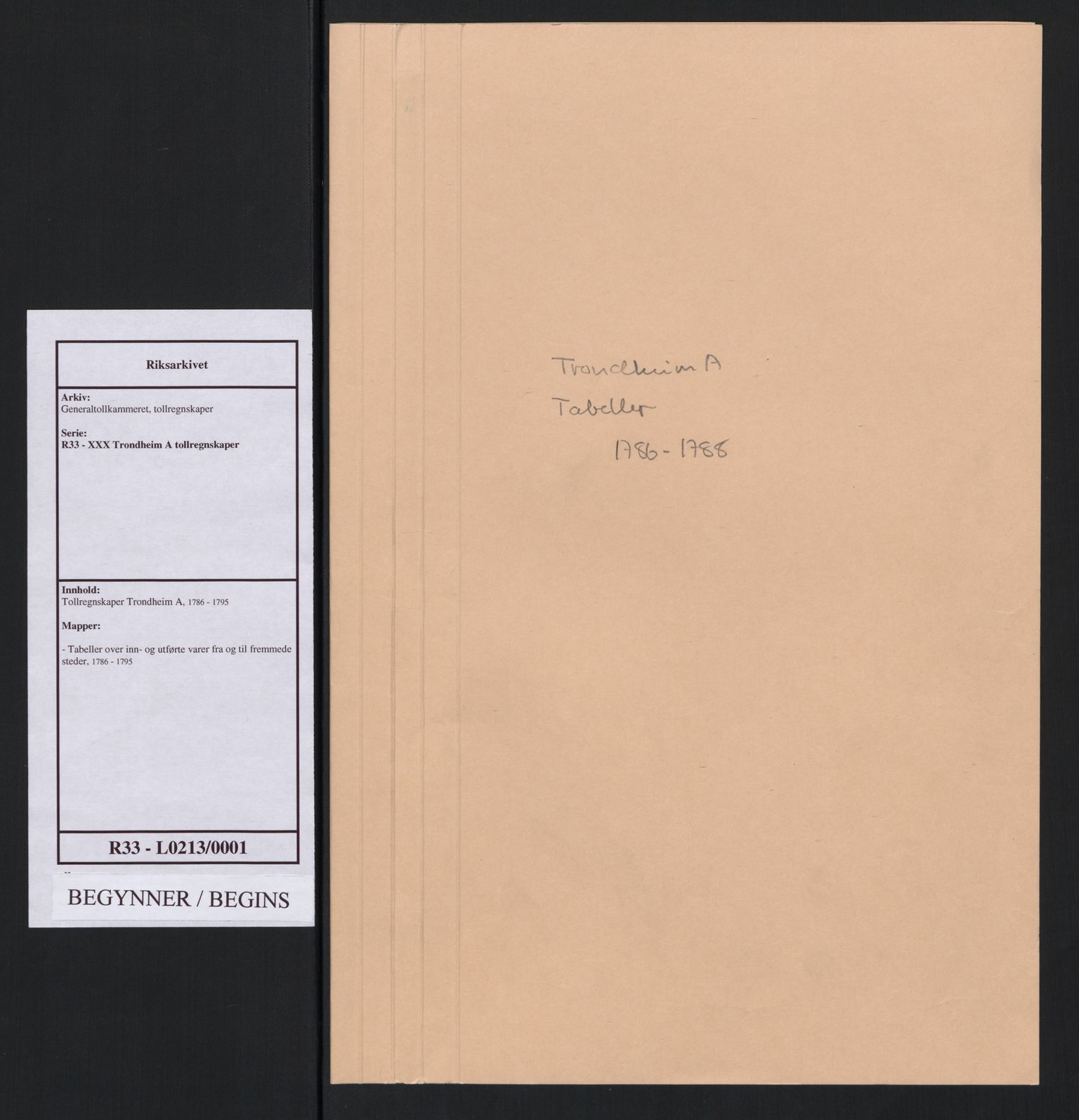 Generaltollkammeret, tollregnskaper, AV/RA-EA-5490/R33/L0213/0001: Tollregnskaper Trondheim A / Tabeller over inn- og utførte varer fra og til fremmede steder, 1786-1795, s. 1