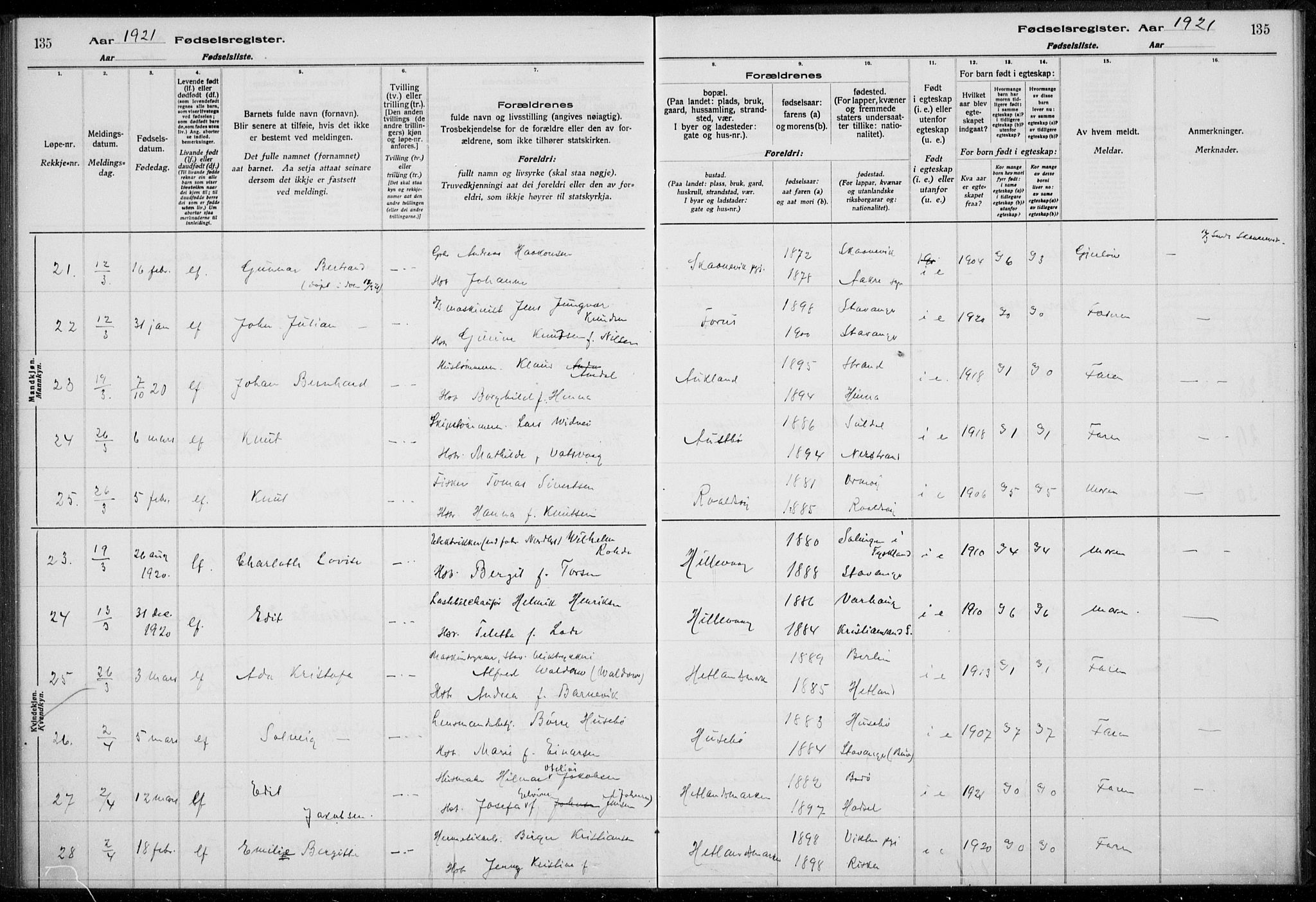 Hetland sokneprestkontor, AV/SAST-A-101826/70/704BA/L0003: Fødselsregister nr. 1, 1916-1923, s. 135