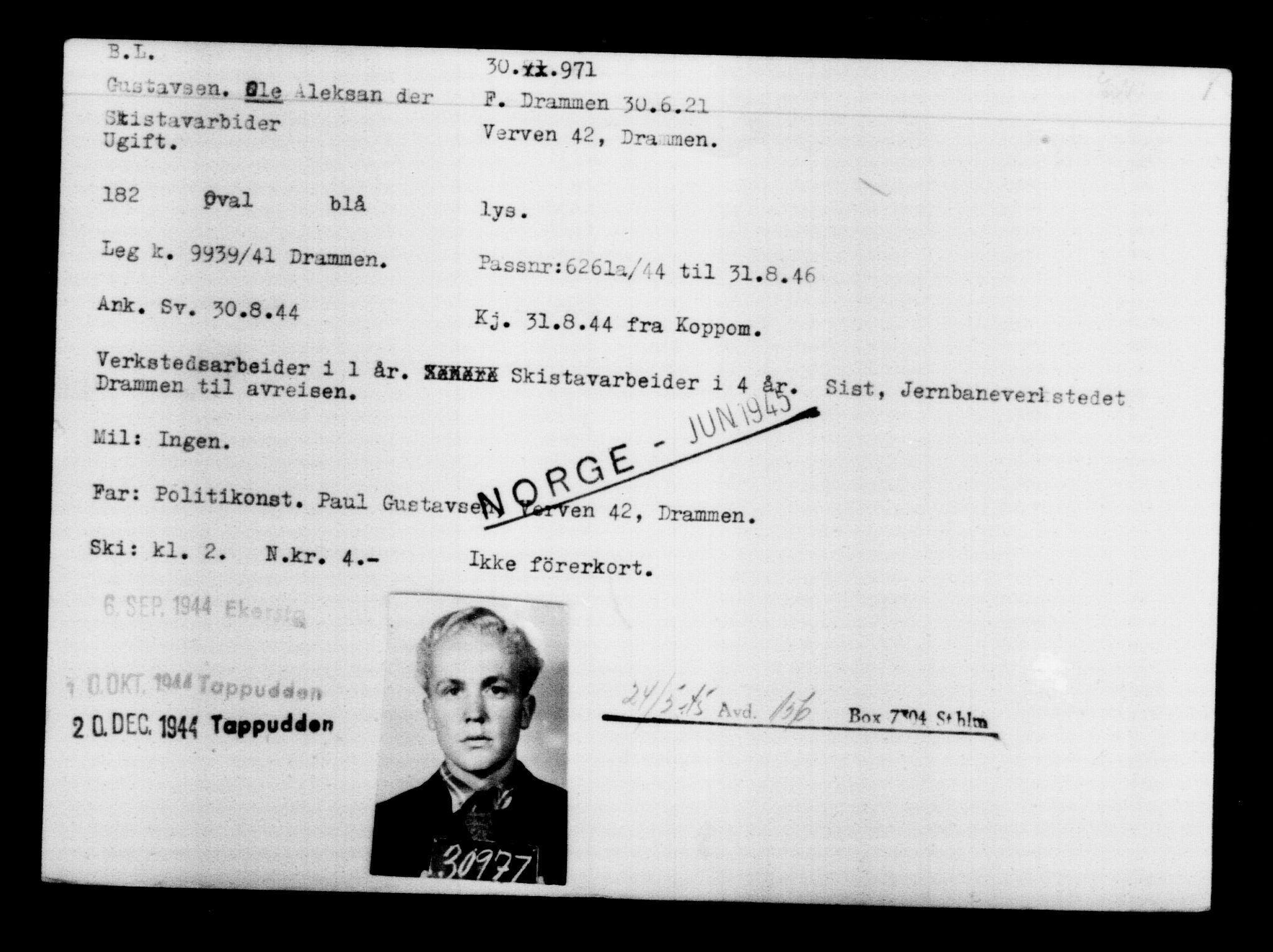 Utenriksstasjonene, Legasjonen i Stockholm, Flyktningkontoret, AV/RA-S-6753/V/Va/L0012: Kjesäterkartoteket, flyktninger med registreringsnr. 28300-31566, 1940-1945, s. 2901