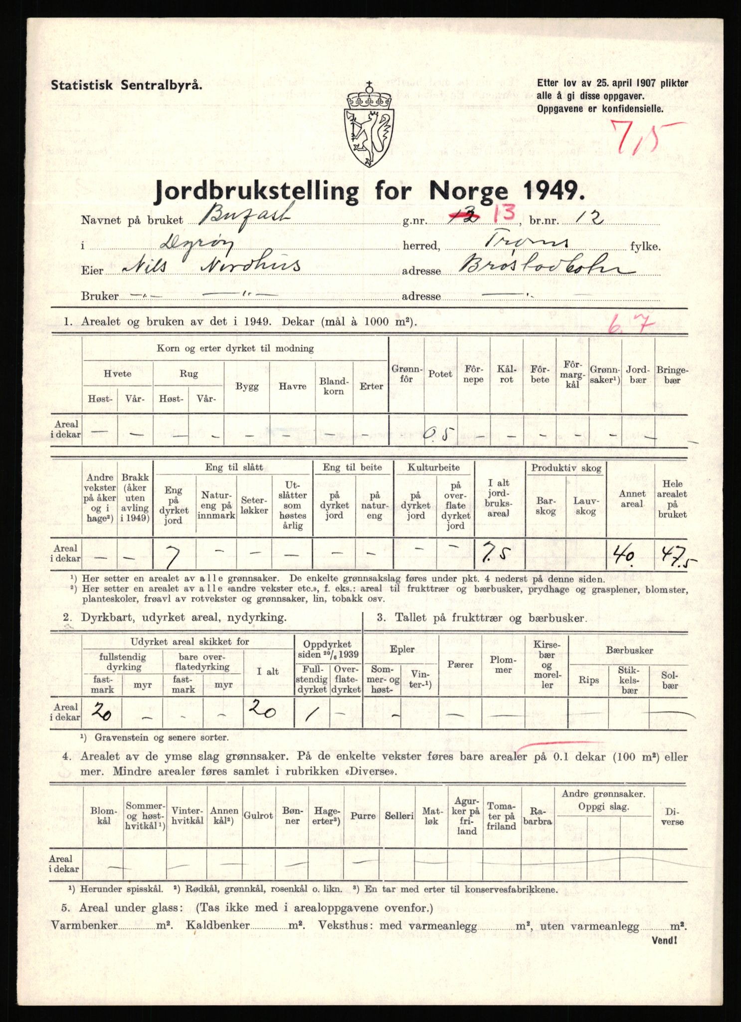 Statistisk sentralbyrå, Næringsøkonomiske emner, Jordbruk, skogbruk, jakt, fiske og fangst, AV/RA-S-2234/G/Gc/L0440: Troms: Sørreisa og Dyrøy, 1949, s. 966