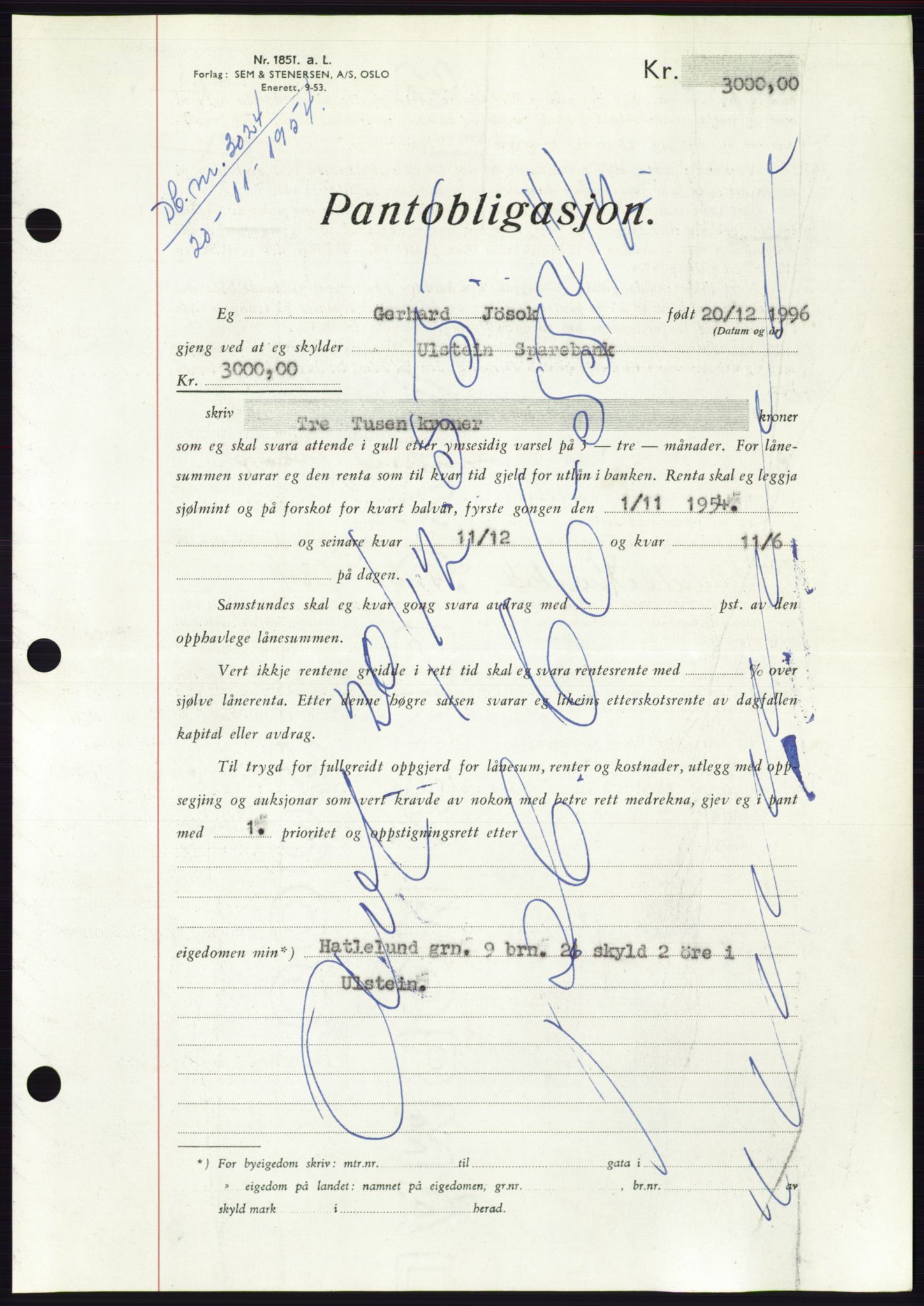 Søre Sunnmøre sorenskriveri, AV/SAT-A-4122/1/2/2C/L0126: Pantebok nr. 14B, 1954-1955, Dagboknr: 3024/1954