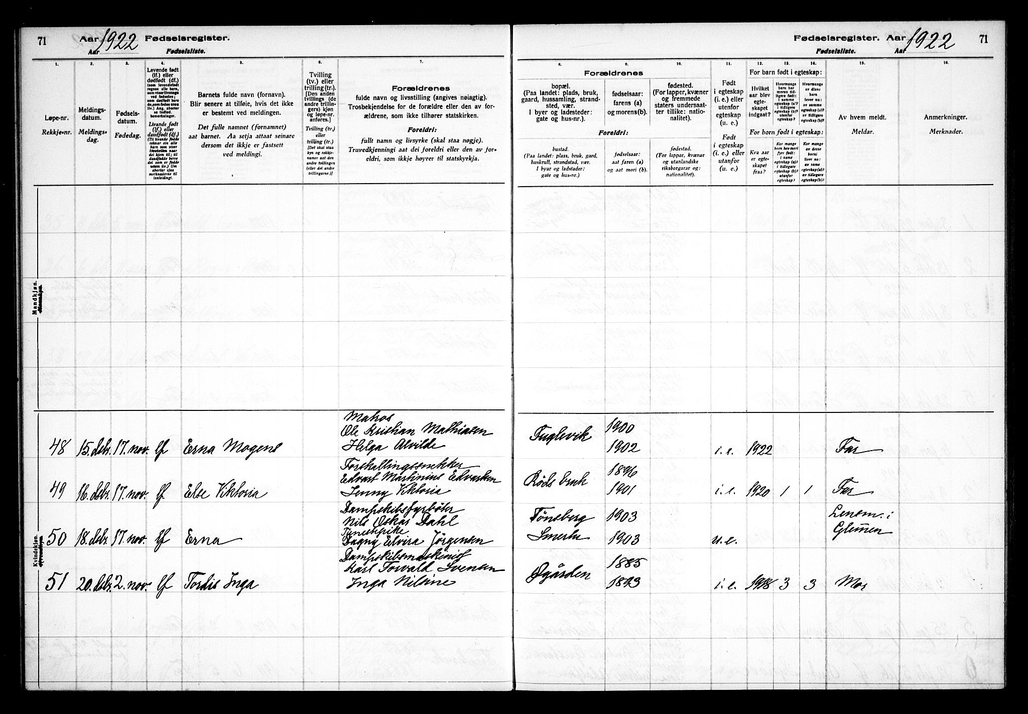 Kråkerøy prestekontor Kirkebøker, AV/SAO-A-10912/J/Ja/L0001: Fødselsregister nr. 1, 1916-1938, s. 71