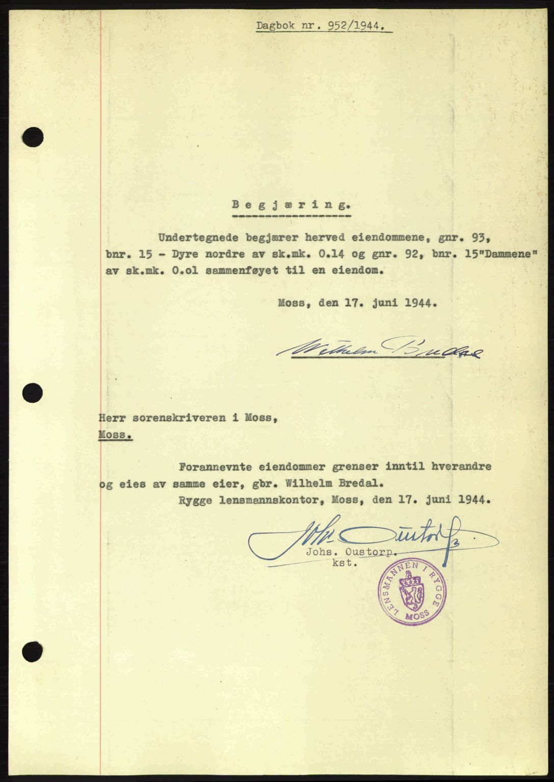 Moss sorenskriveri, SAO/A-10168: Pantebok nr. A12, 1943-1944, Dagboknr: 952/1944