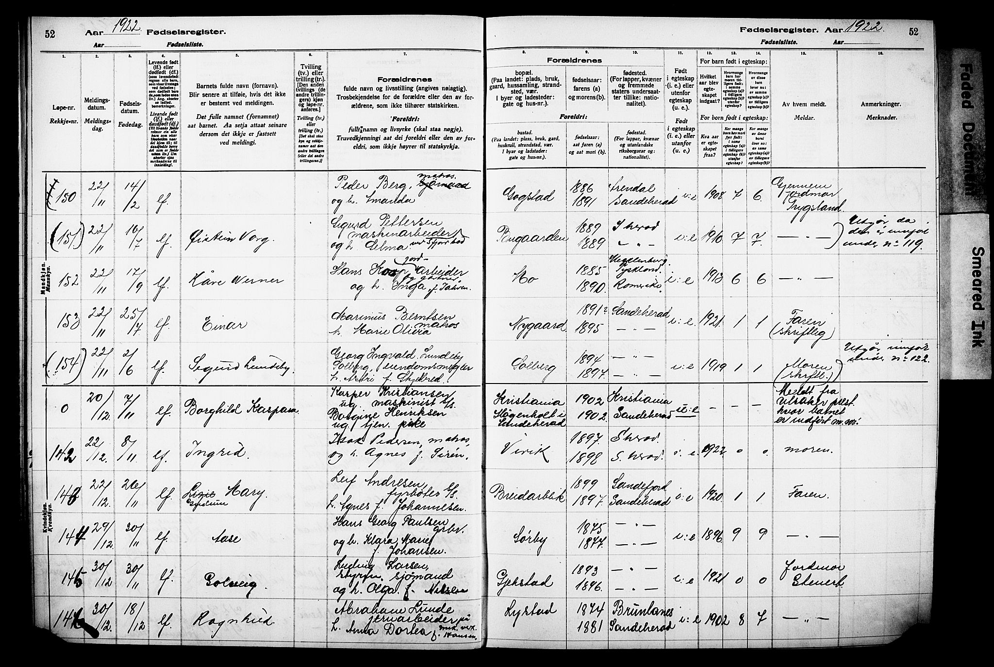 Sandar kirkebøker, AV/SAKO-A-243/J/Ja/L0002: Fødselsregister nr. 2, 1922-1929, s. 52