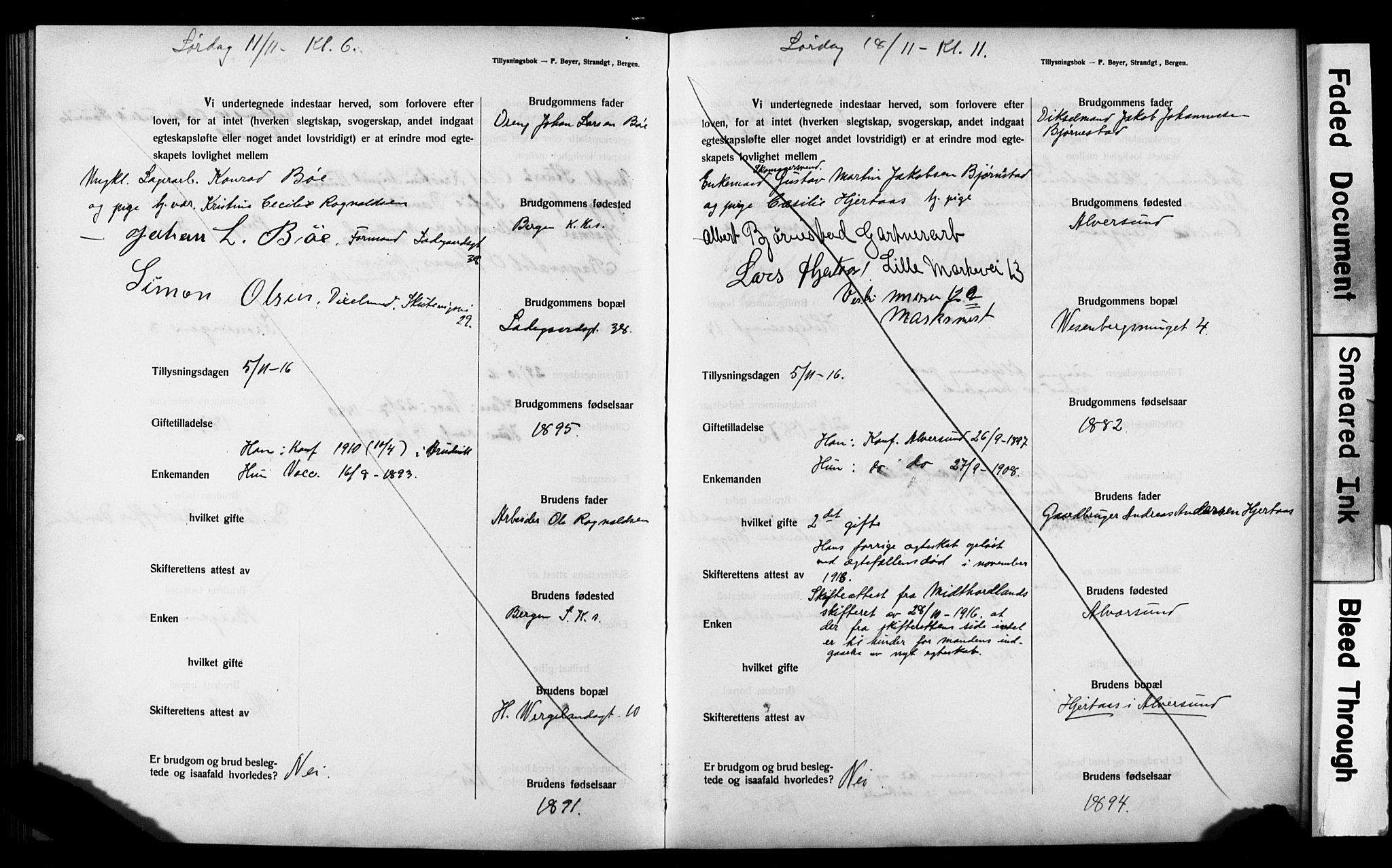 Mariakirken Sokneprestembete, AV/SAB-A-76901: Forlovererklæringer nr. II.5.3, 1909-1917, s. 169