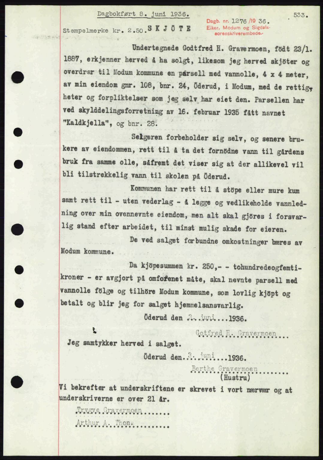 Eiker, Modum og Sigdal sorenskriveri, SAKO/A-123/G/Ga/Gab/L0032: Pantebok nr. A2, 1936-1936, Dagboknr: 1276/1936