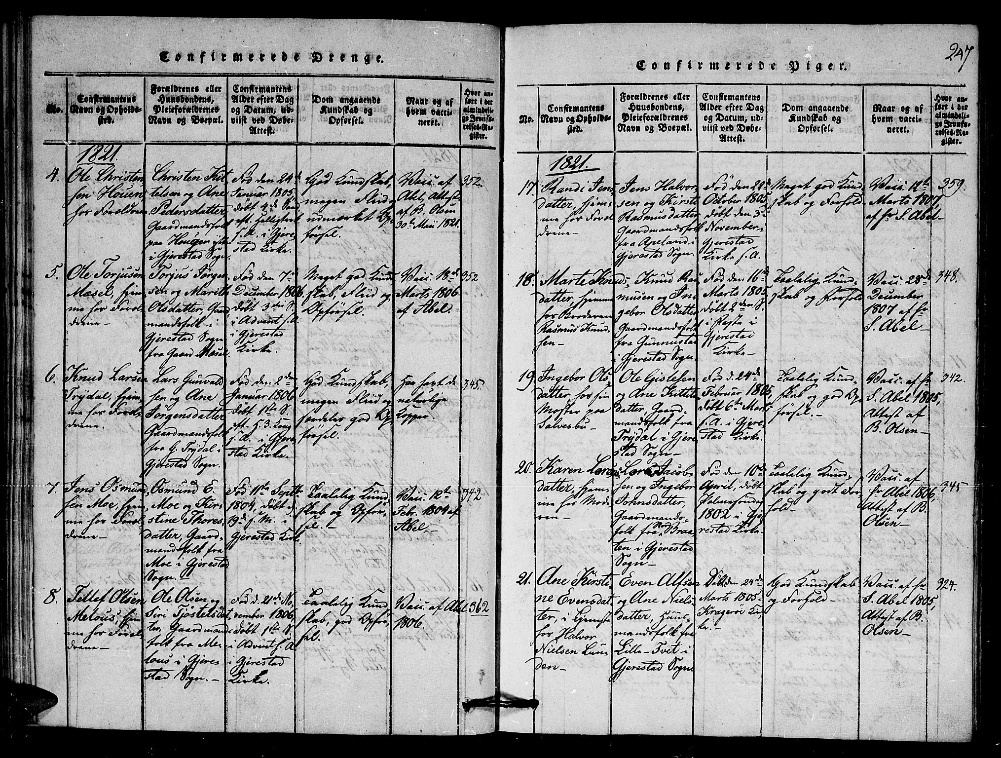 Gjerstad sokneprestkontor, AV/SAK-1111-0014/F/Fa/Faa/L0004: Ministerialbok nr. A 4, 1816-1829, s. 247