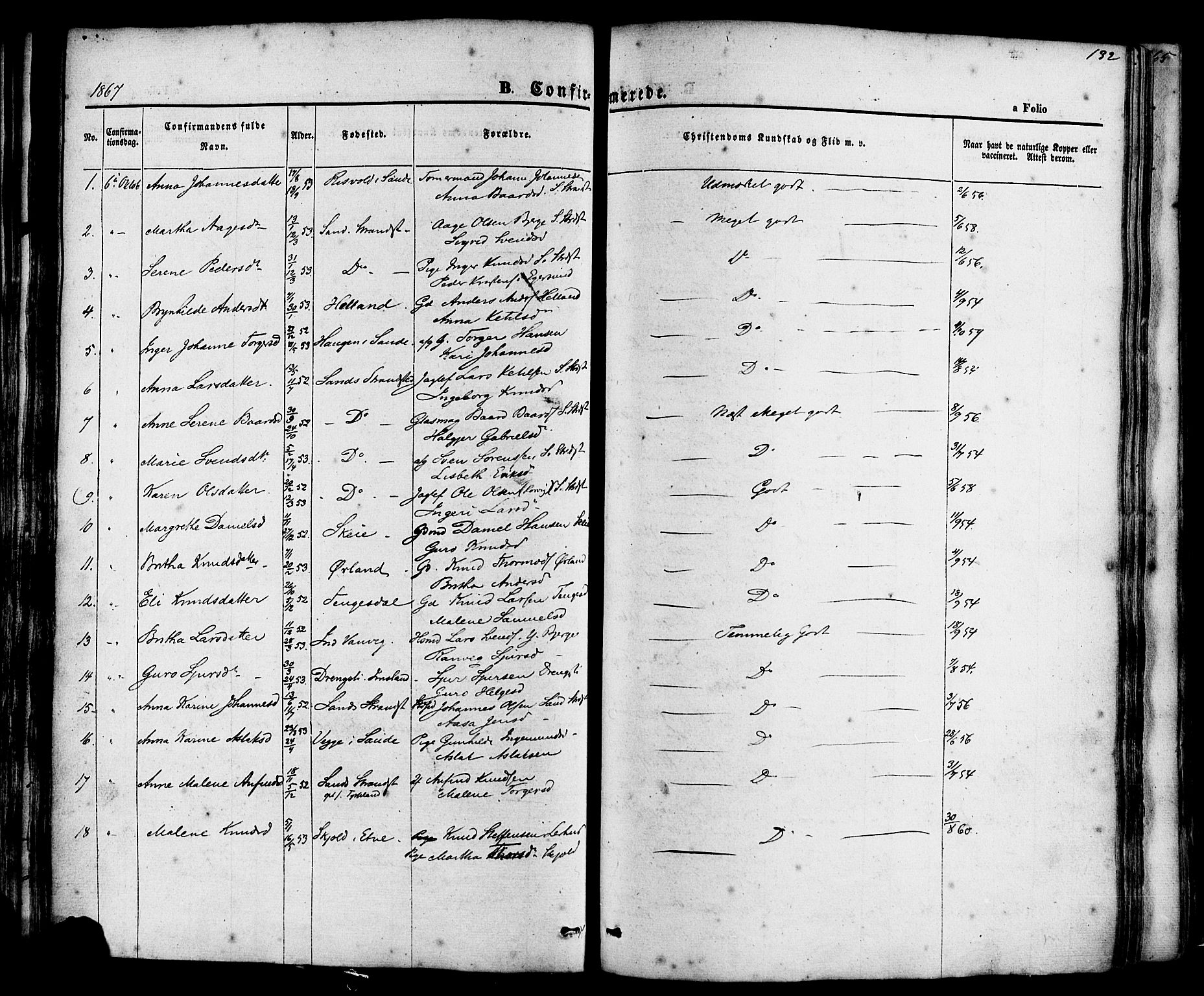 Sand sokneprestkontor, AV/SAST-A-101848/01/III/L0003: Ministerialbok nr. A 3, 1854-1879, s. 132