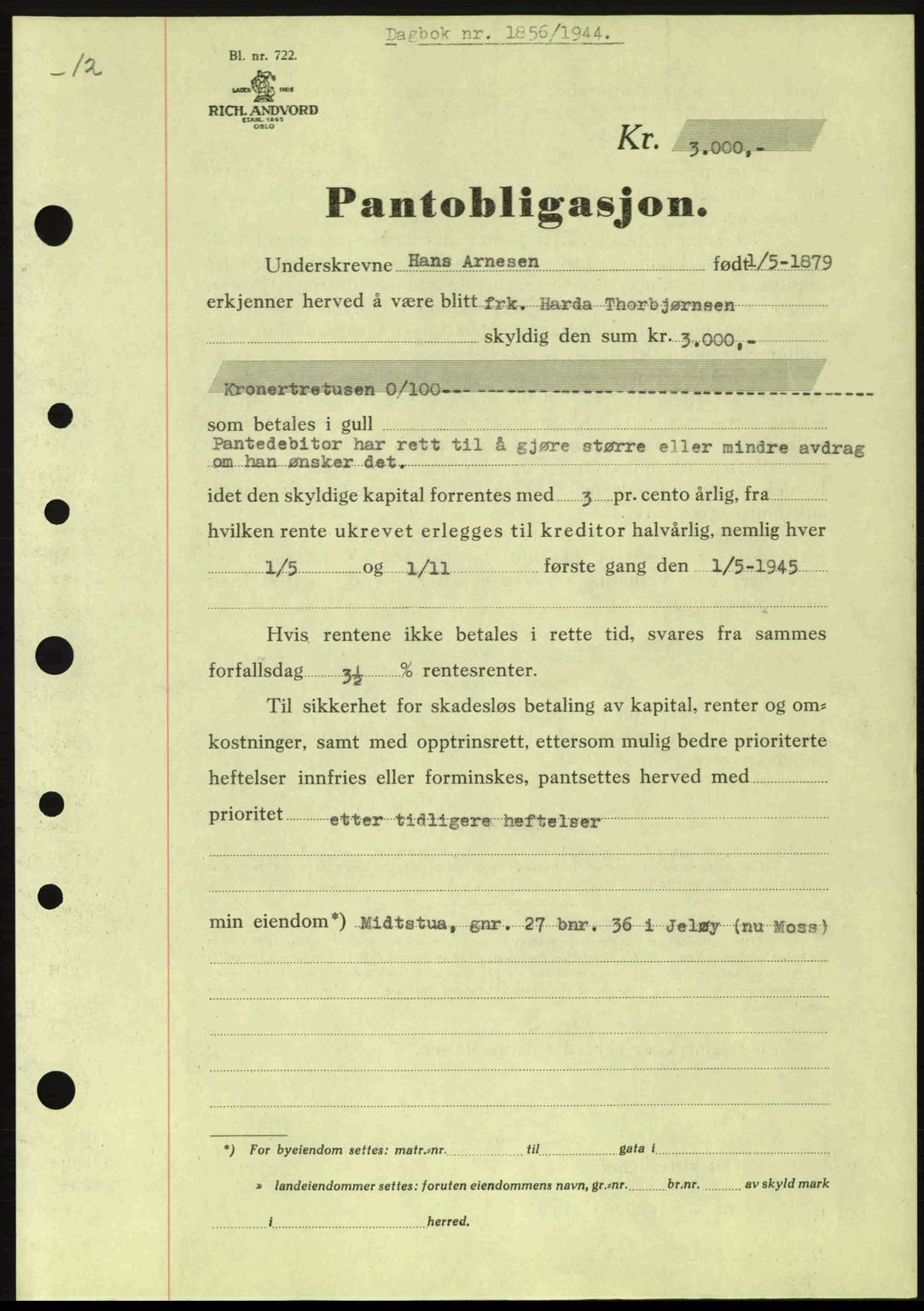 Moss sorenskriveri, SAO/A-10168: Pantebok nr. B13, 1943-1945, Dagboknr: 1856/1944