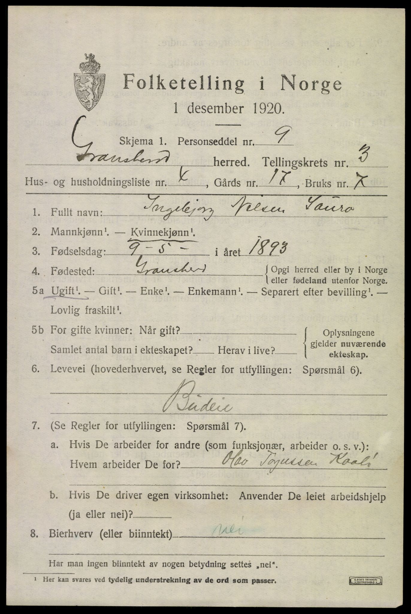 SAKO, Folketelling 1920 for 0824 Gransherad herred, 1920, s. 1454