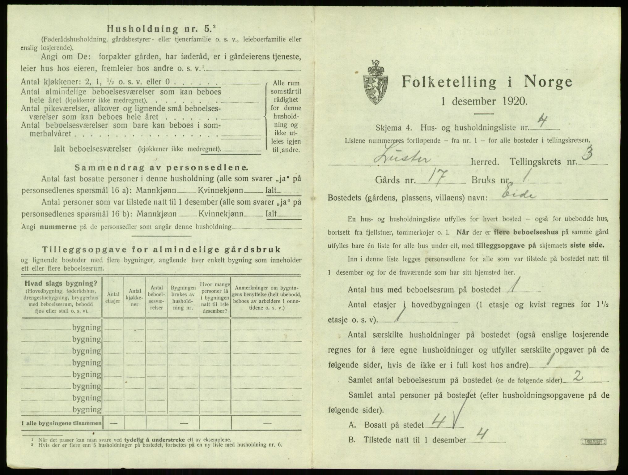 SAB, Folketelling 1920 for 1426 Luster herred, 1920, s. 254