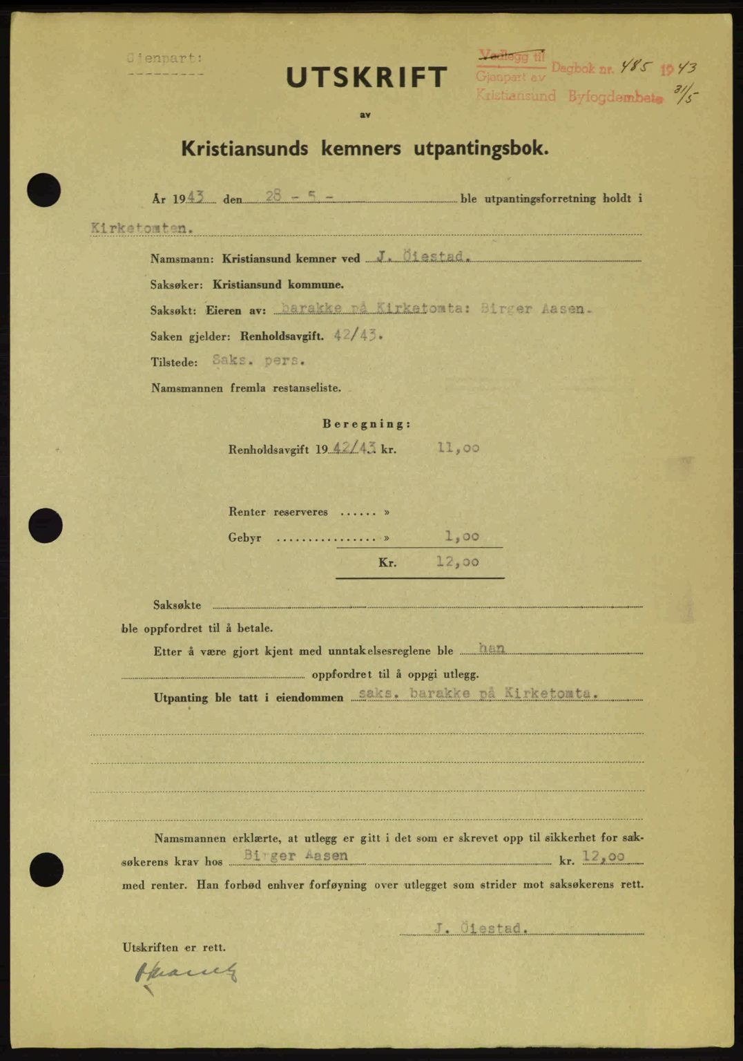 Kristiansund byfogd, SAT/A-4587/A/27: Pantebok nr. 36, 1942-1943, Dagboknr: 485/1943
