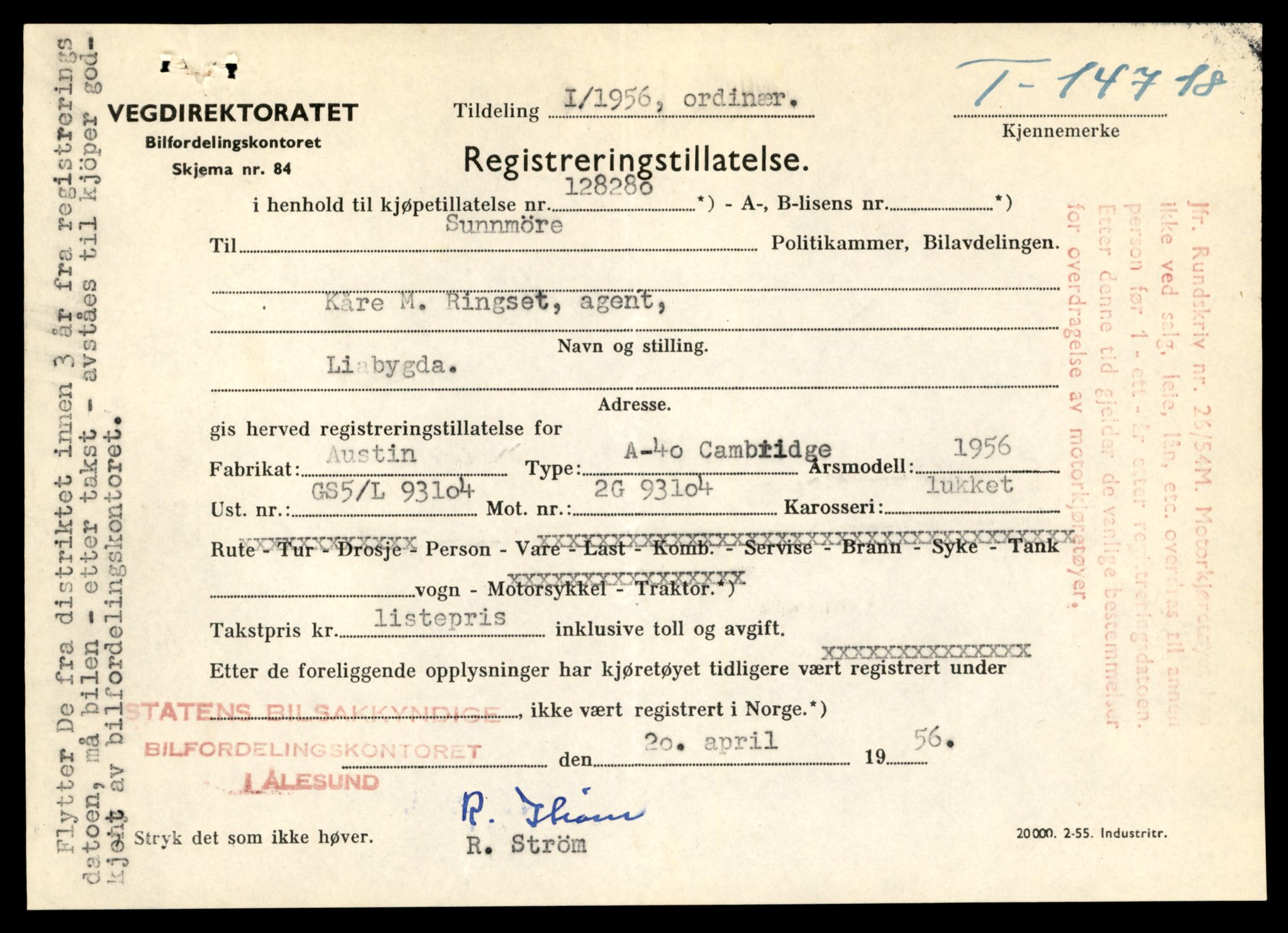 Møre og Romsdal vegkontor - Ålesund trafikkstasjon, AV/SAT-A-4099/F/Fe/L0047: Registreringskort for kjøretøy T 14580 - T 14720, 1927-1998, s. 3223