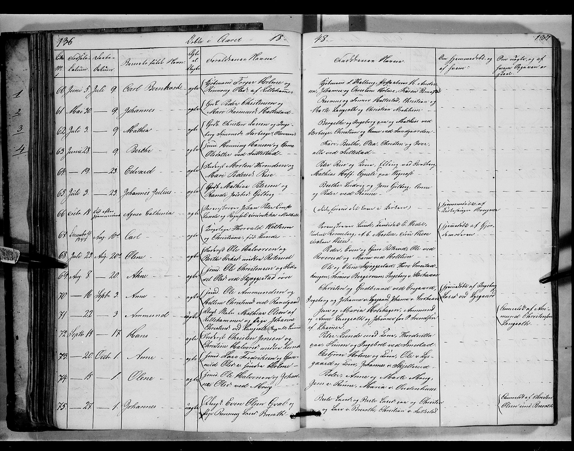 Fåberg prestekontor, AV/SAH-PREST-086/H/Ha/Hab/L0006: Klokkerbok nr. 6, 1837-1855, s. 136-137