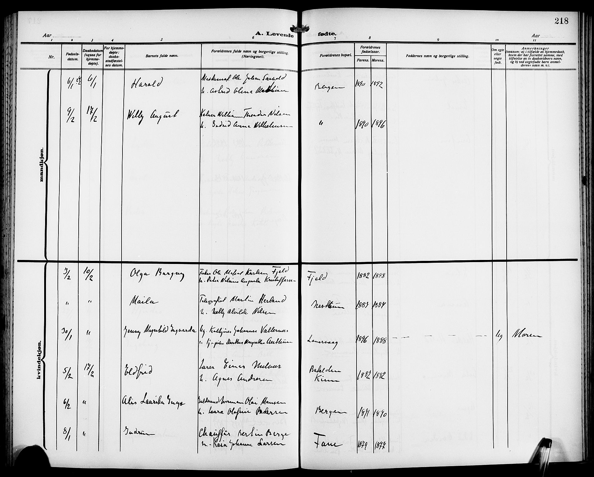 Fødselsstiftelsens sokneprestembete*, SAB/-: Klokkerbok nr. A 2, 1909-1916, s. 218