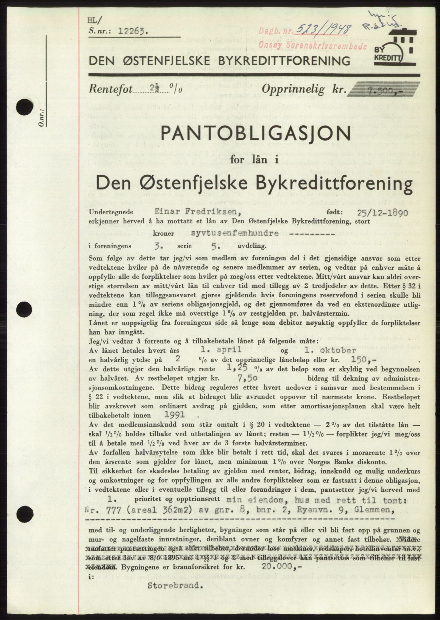 Onsøy sorenskriveri, SAO/A-10474/G/Ga/Gac/L0006: Pantebok nr. B 12-6, 1947-1948, Dagboknr: 523/1948