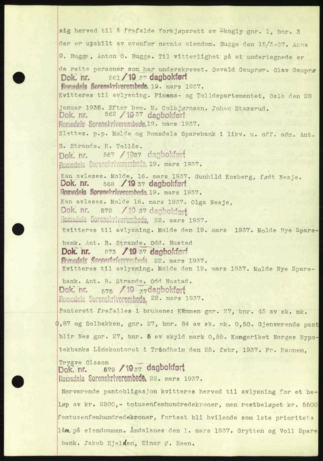 Romsdal sorenskriveri, AV/SAT-A-4149/1/2/2C: Pantebok nr. C1a, 1936-1945, Dagboknr: 561/1937