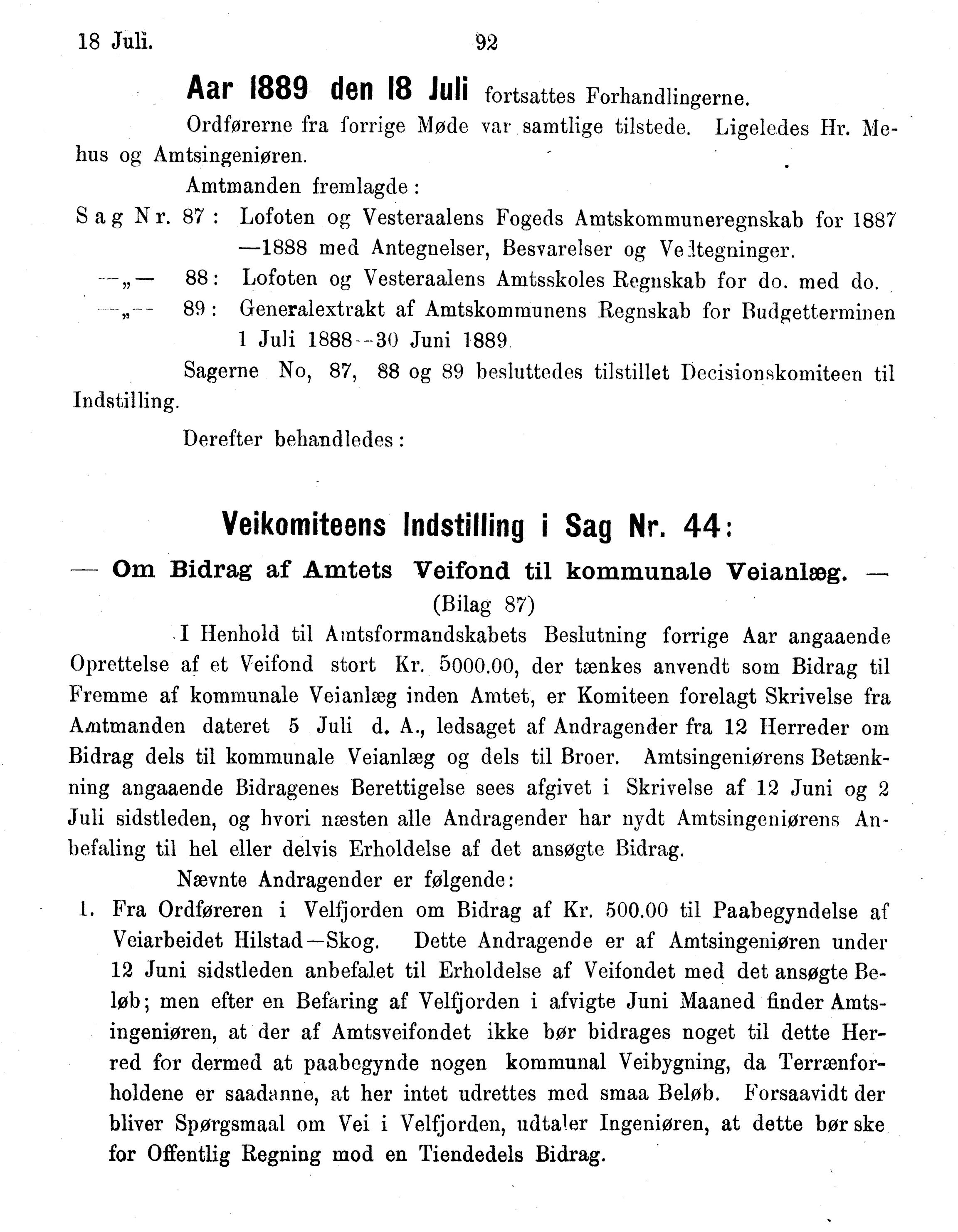 Nordland Fylkeskommune. Fylkestinget, AIN/NFK-17/176/A/Ac/L0015: Fylkestingsforhandlinger 1886-1890, 1886-1890, s. 92