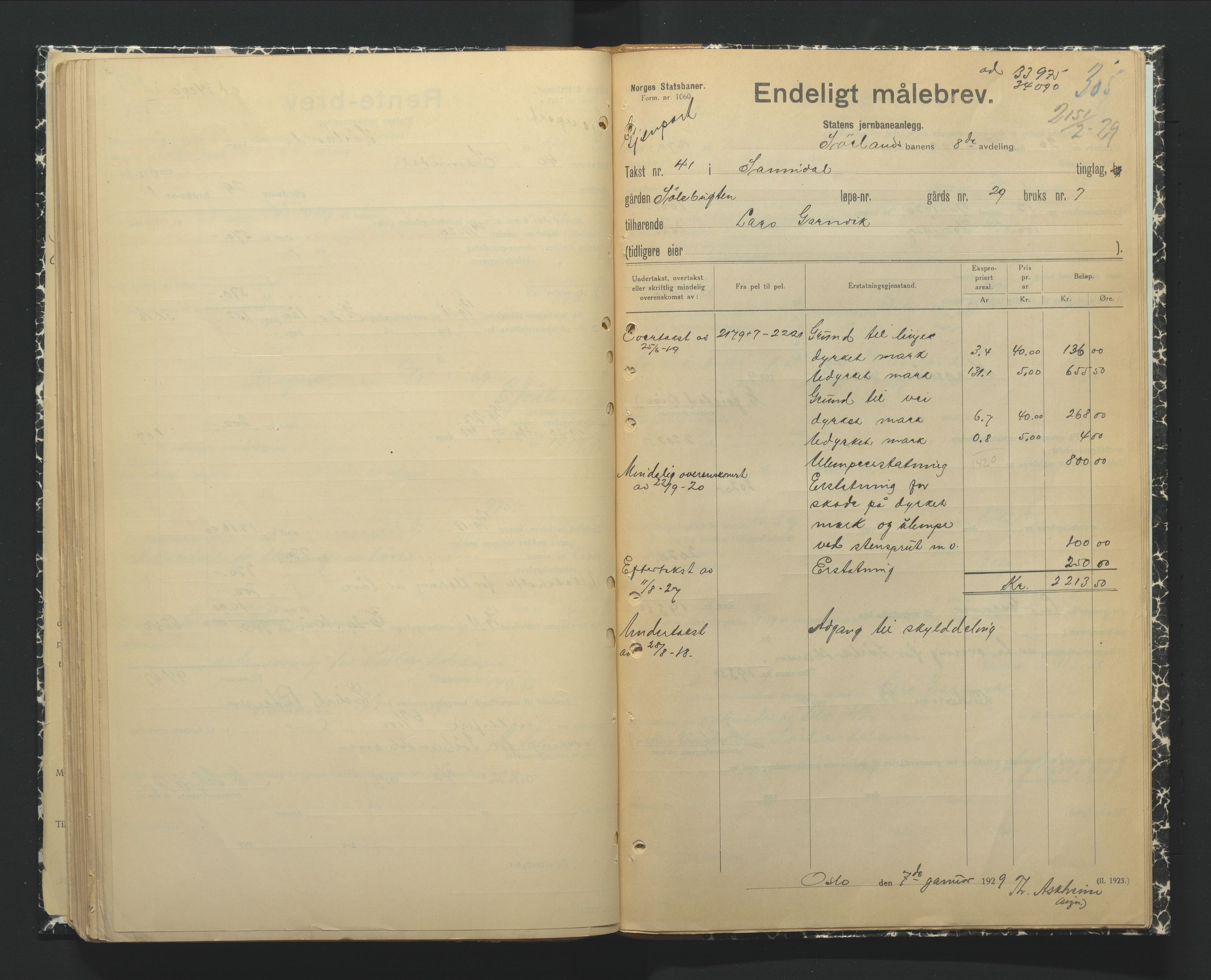 NSB Baneavdelingen, AV/SAK-1821-0004/F/Fc/Fch/L0249/0002: Grunnerstatninger, målebrev / Endelige måle- og rentebrev for Kragerølinja, 1928-1930