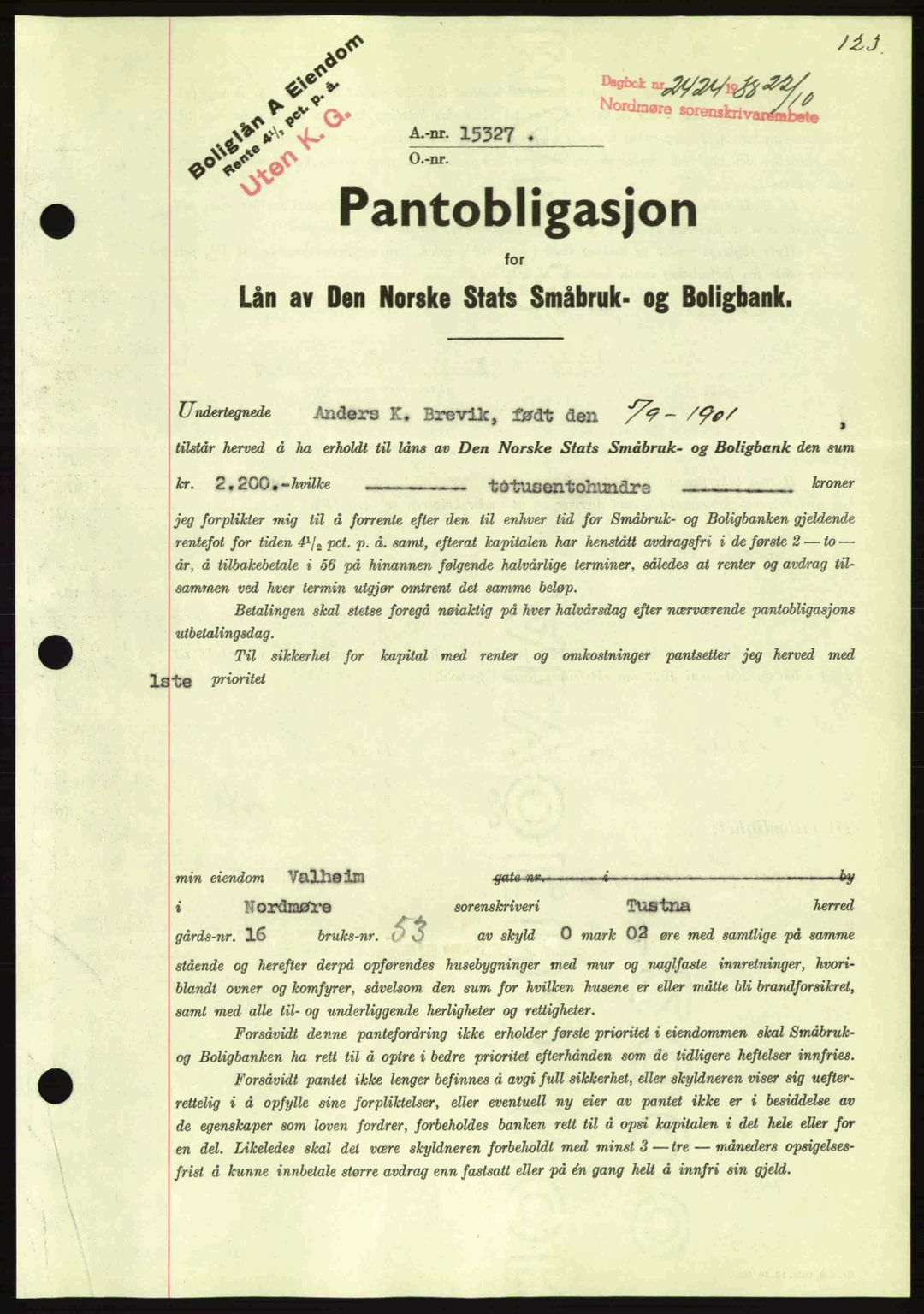 Nordmøre sorenskriveri, SAT/A-4132/1/2/2Ca: Pantebok nr. B84, 1938-1939, Dagboknr: 2424/1938