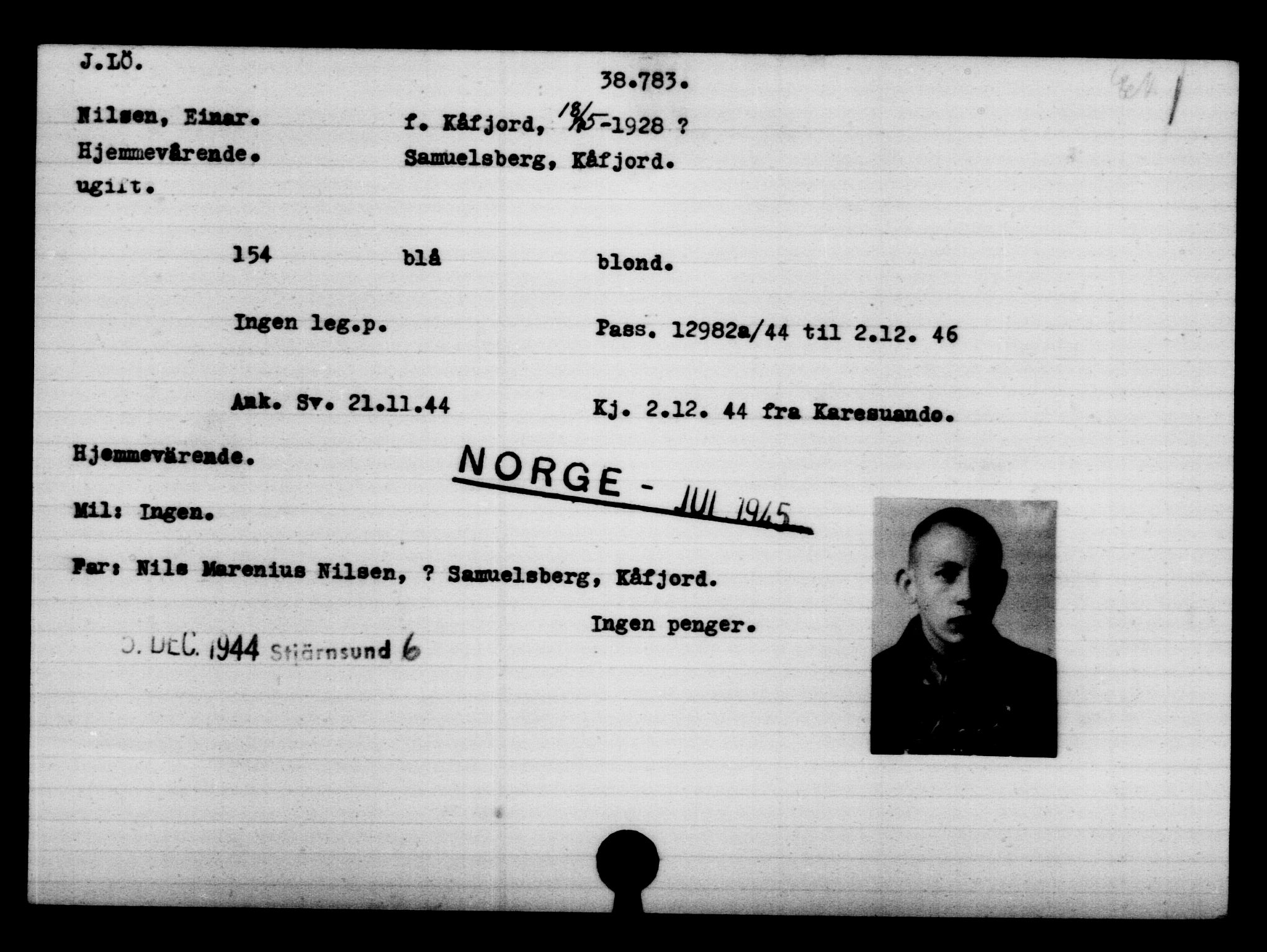 Utenriksstasjonene, Legasjonen i Stockholm, Flyktningkontoret, AV/RA-S-6753/V/Va/L0015: Kjesäterkartoteket, flyktninger med registreringsnr. 37800-40770, 1940-1945, s. 1006