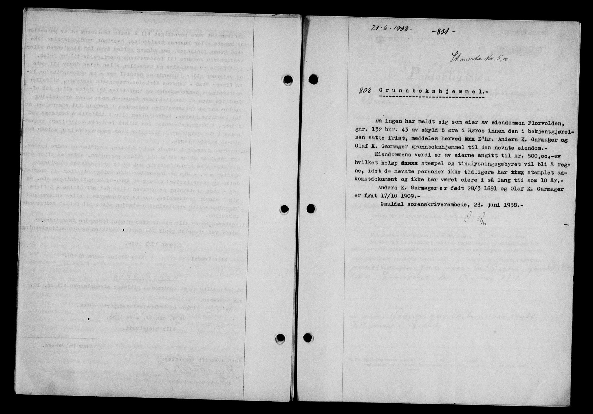 Gauldal sorenskriveri, SAT/A-0014/1/2/2C/L0048: Pantebok nr. 51-52, 1937-1938, s. 831, Dagboknr: 808/1938