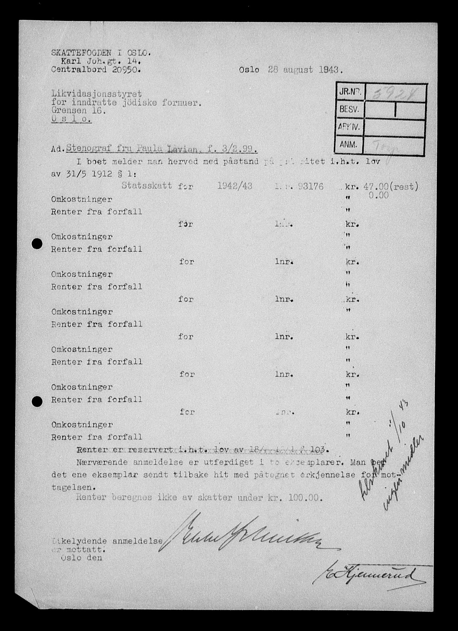 Justisdepartementet, Tilbakeføringskontoret for inndratte formuer, AV/RA-S-1564/H/Hc/Hcc/L0956: --, 1945-1947, s. 587