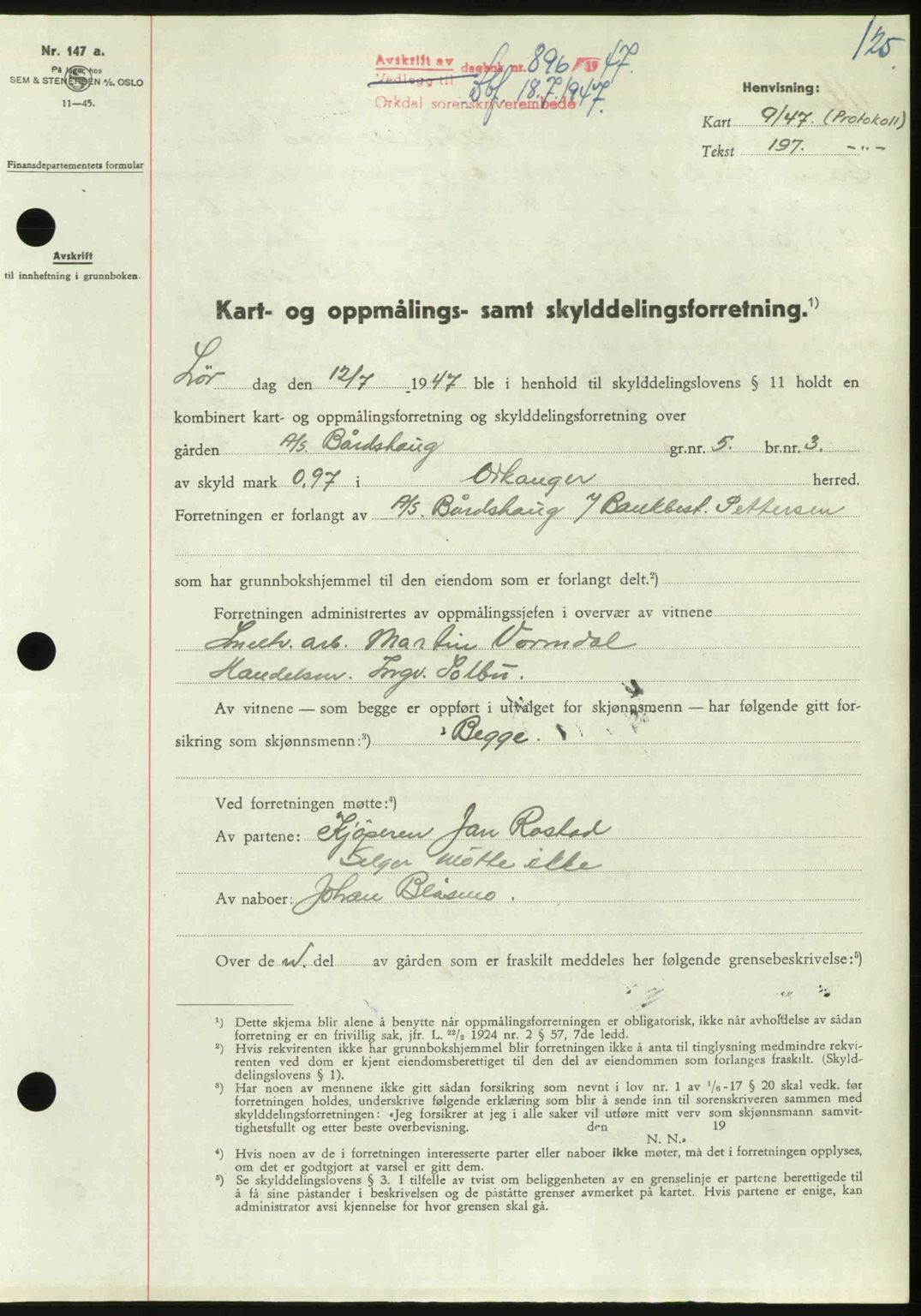 Orkdal sorenskriveri, SAT/A-4169/1/2/2C: Pantebok nr. A, 1947-1947, Dagboknr: 896/1947