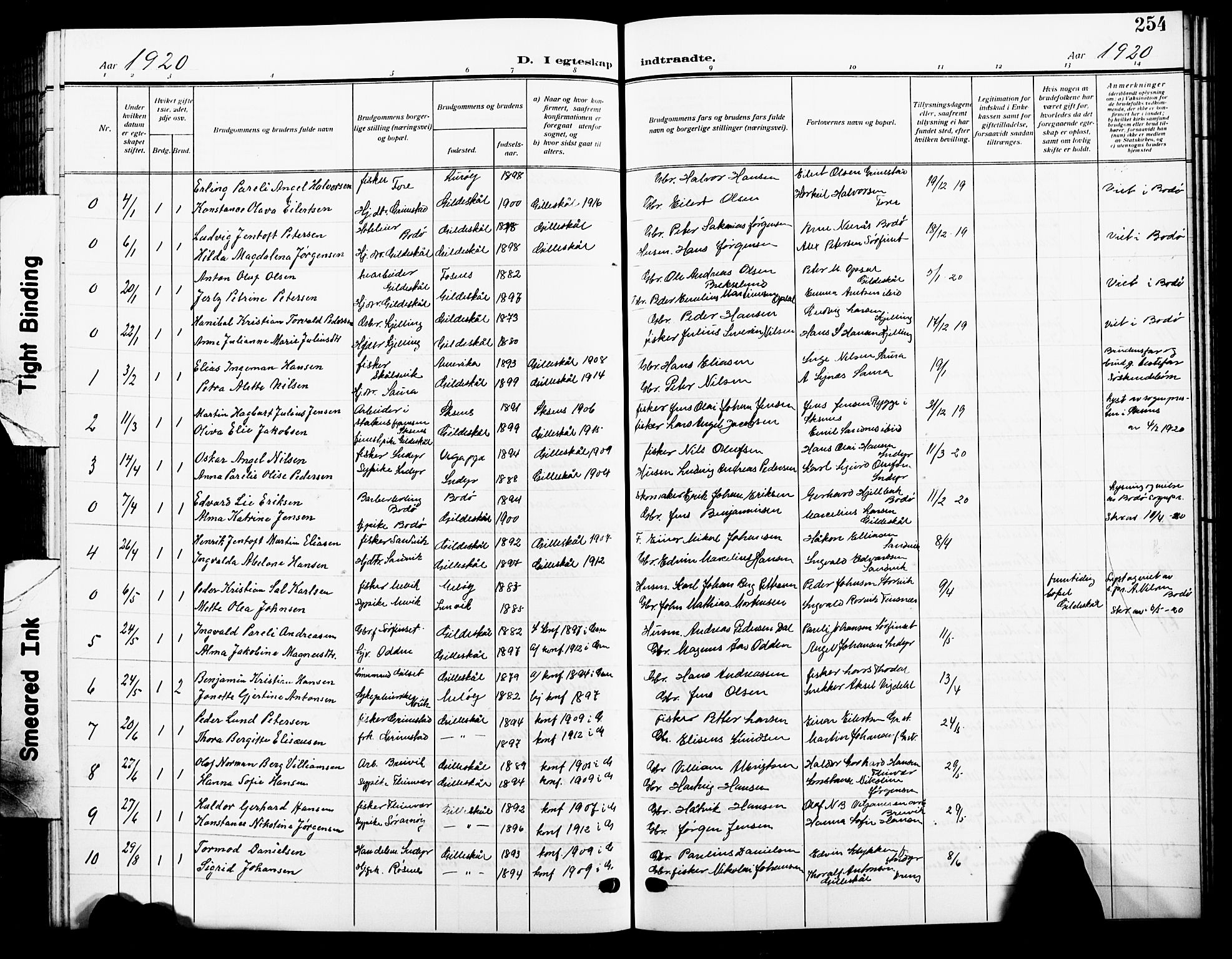 Ministerialprotokoller, klokkerbøker og fødselsregistre - Nordland, SAT/A-1459/805/L0110: Klokkerbok nr. 805C06, 1909-1924, s. 254