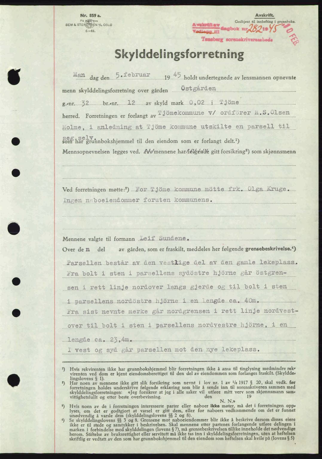 Tønsberg sorenskriveri, AV/SAKO-A-130/G/Ga/Gaa/L0016: Pantebok nr. A16, 1944-1945, Dagboknr: 282/1945