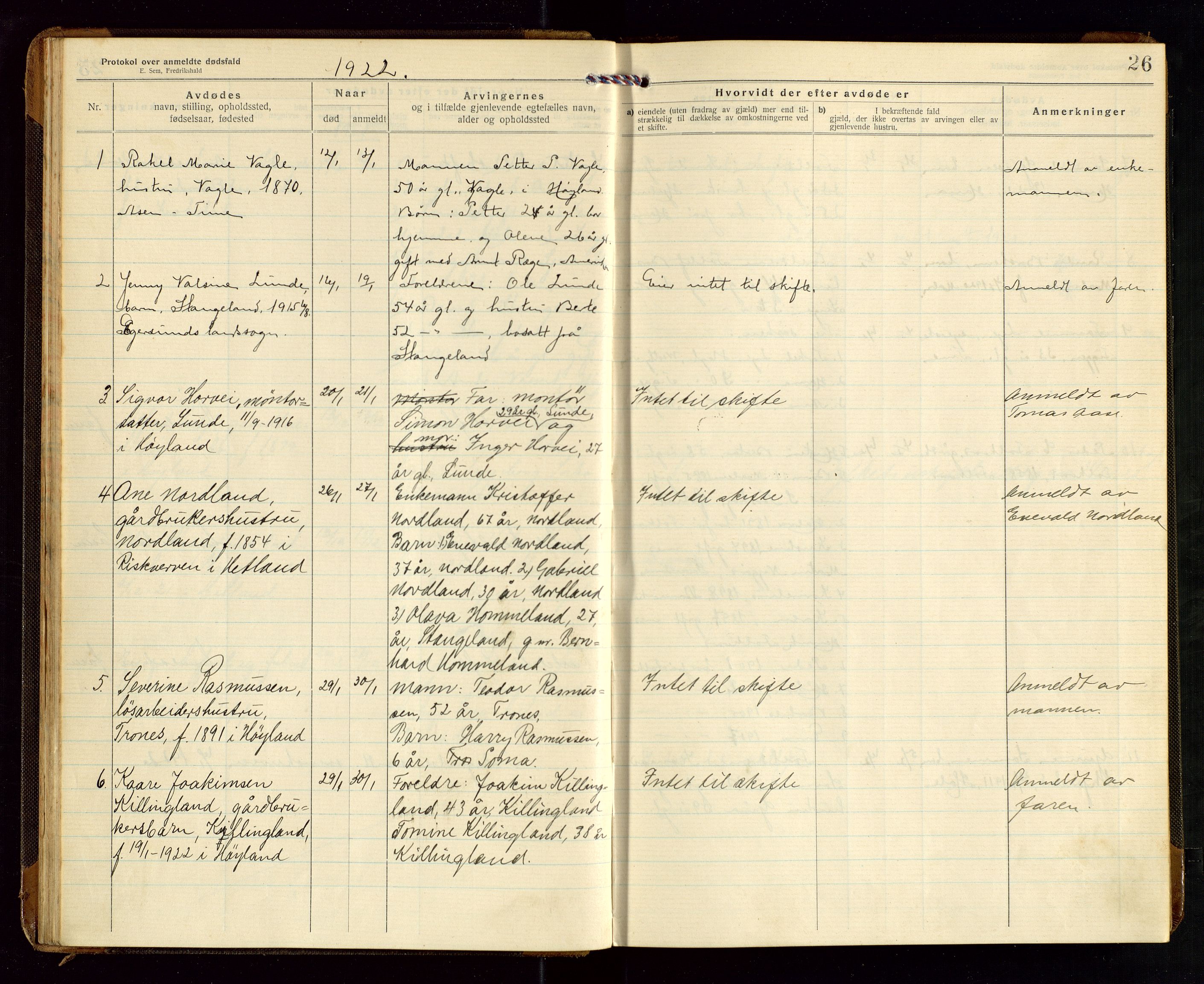 Høyland/Sandnes lensmannskontor, AV/SAST-A-100166/Gga/L0005: "Protokoll over anmeldte dødsfall i Høylands lensmannsdistrikt", 1920-1926, s. 26