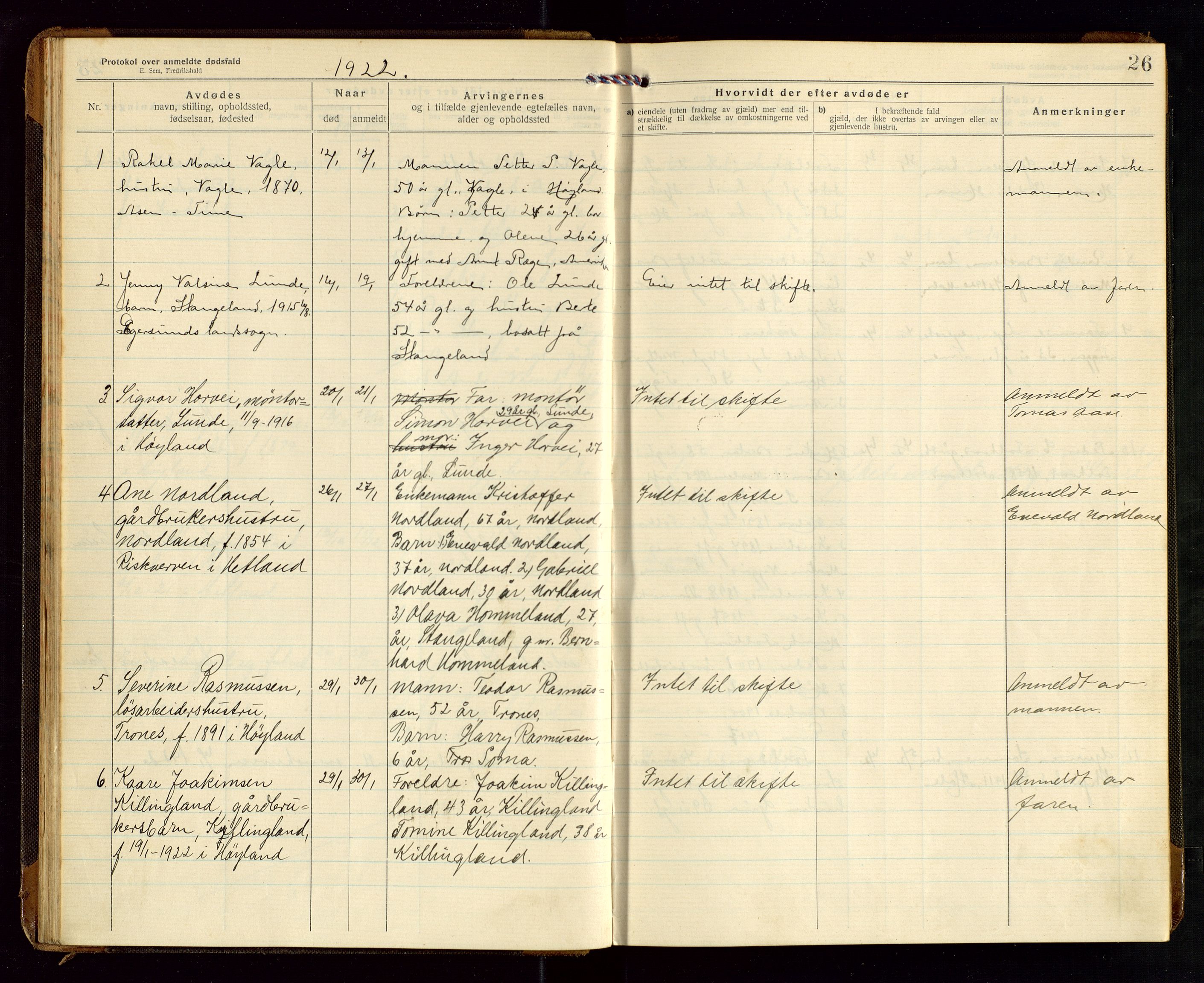 Høyland/Sandnes lensmannskontor, SAST/A-100166/Gga/L0005: "Protkokol over anmeldte dødsfald i Høylands lensmandsdistrikt", 1920-1926, s. 26