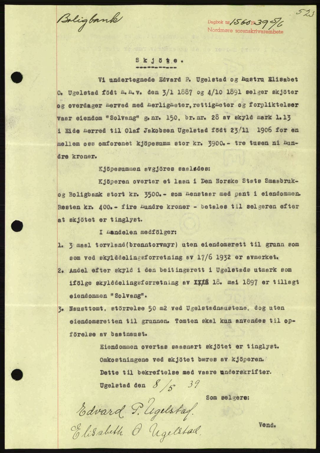 Nordmøre sorenskriveri, SAT/A-4132/1/2/2Ca: Pantebok nr. A86, 1939-1939, Dagboknr: 1560/1939