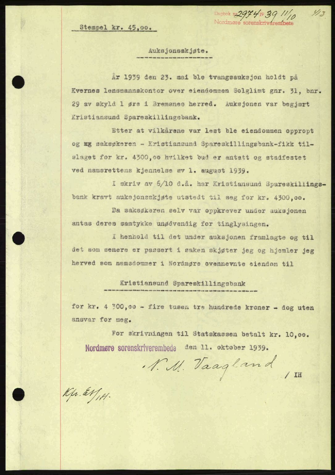 Nordmøre sorenskriveri, SAT/A-4132/1/2/2Ca: Pantebok nr. A87, 1939-1940, Dagboknr: 2974/1939