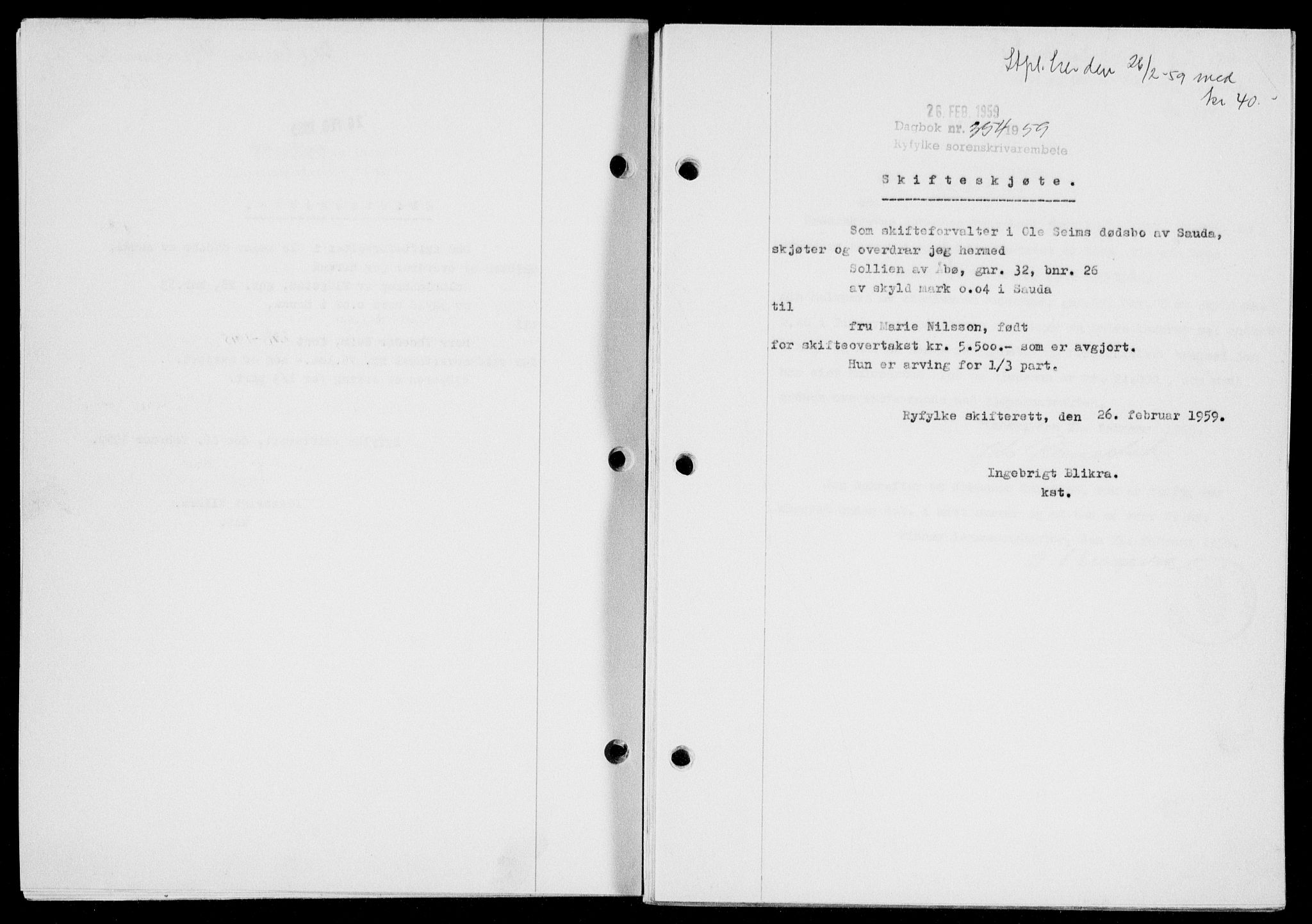 Ryfylke tingrett, SAST/A-100055/001/II/IIB/L0146: Pantebok nr. 125, 1965-1959, Dagboknr: 354/1959