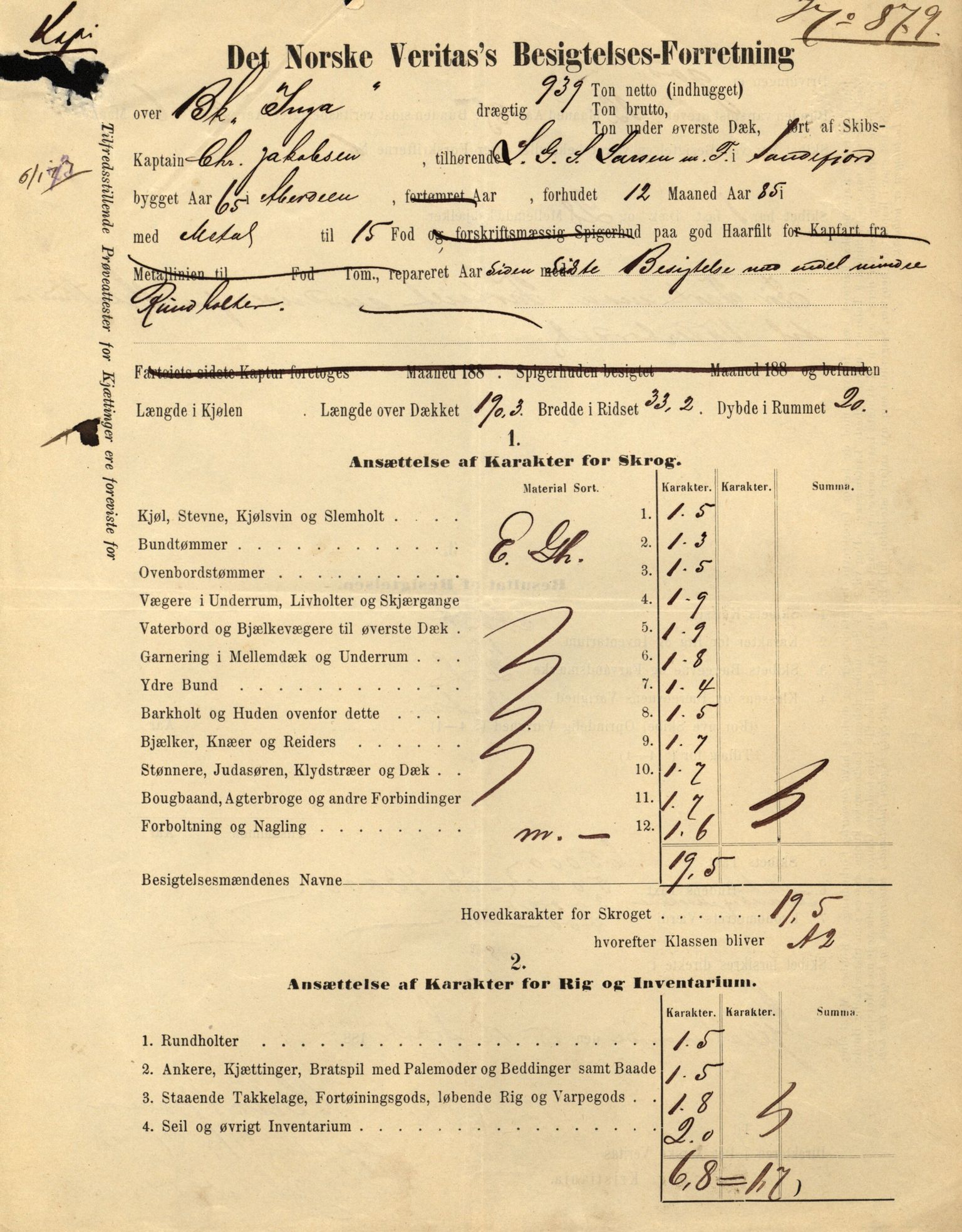 Pa 63 - Østlandske skibsassuranceforening, VEMU/A-1079/G/Ga/L0021/0003: Havaridokumenter / Inga av Drammen, Inga av Sandefjord, Primula, 1888-1889, s. 30
