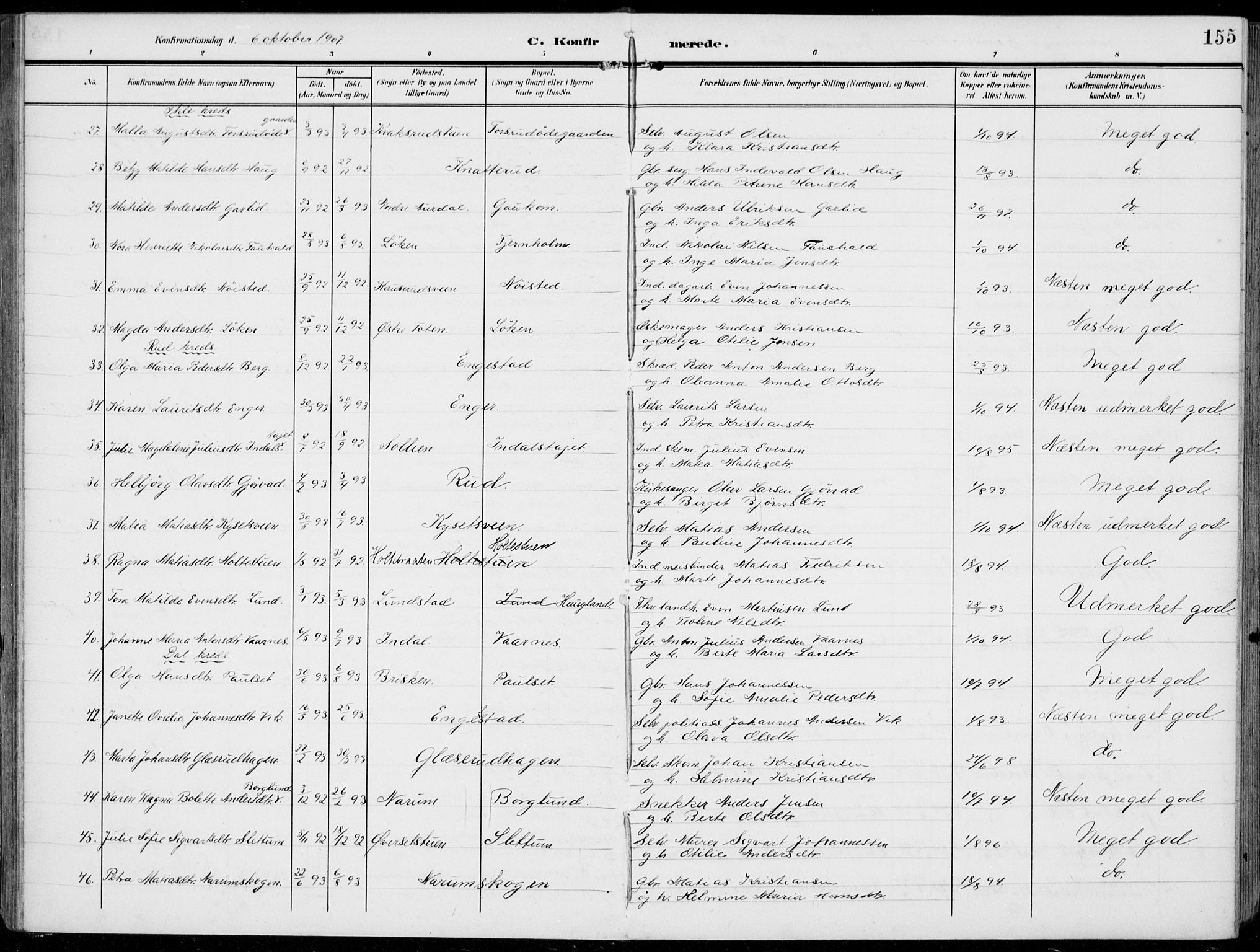 Vestre Toten prestekontor, AV/SAH-PREST-108/H/Ha/Haa/L0014: Ministerialbok nr. 14, 1907-1920, s. 155