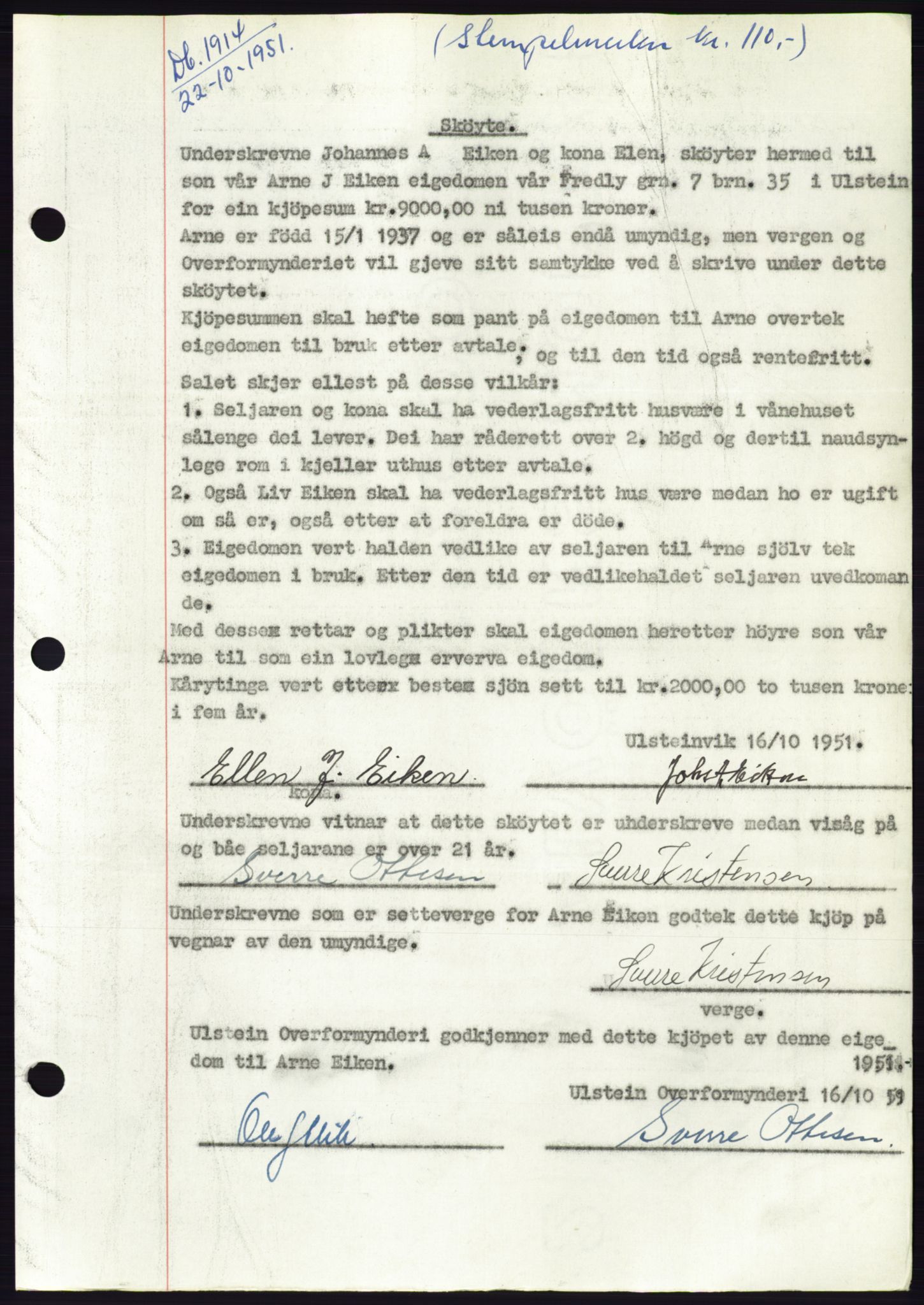 Søre Sunnmøre sorenskriveri, AV/SAT-A-4122/1/2/2C/L0090: Pantebok nr. 16A, 1951-1951, Dagboknr: 1914/1951