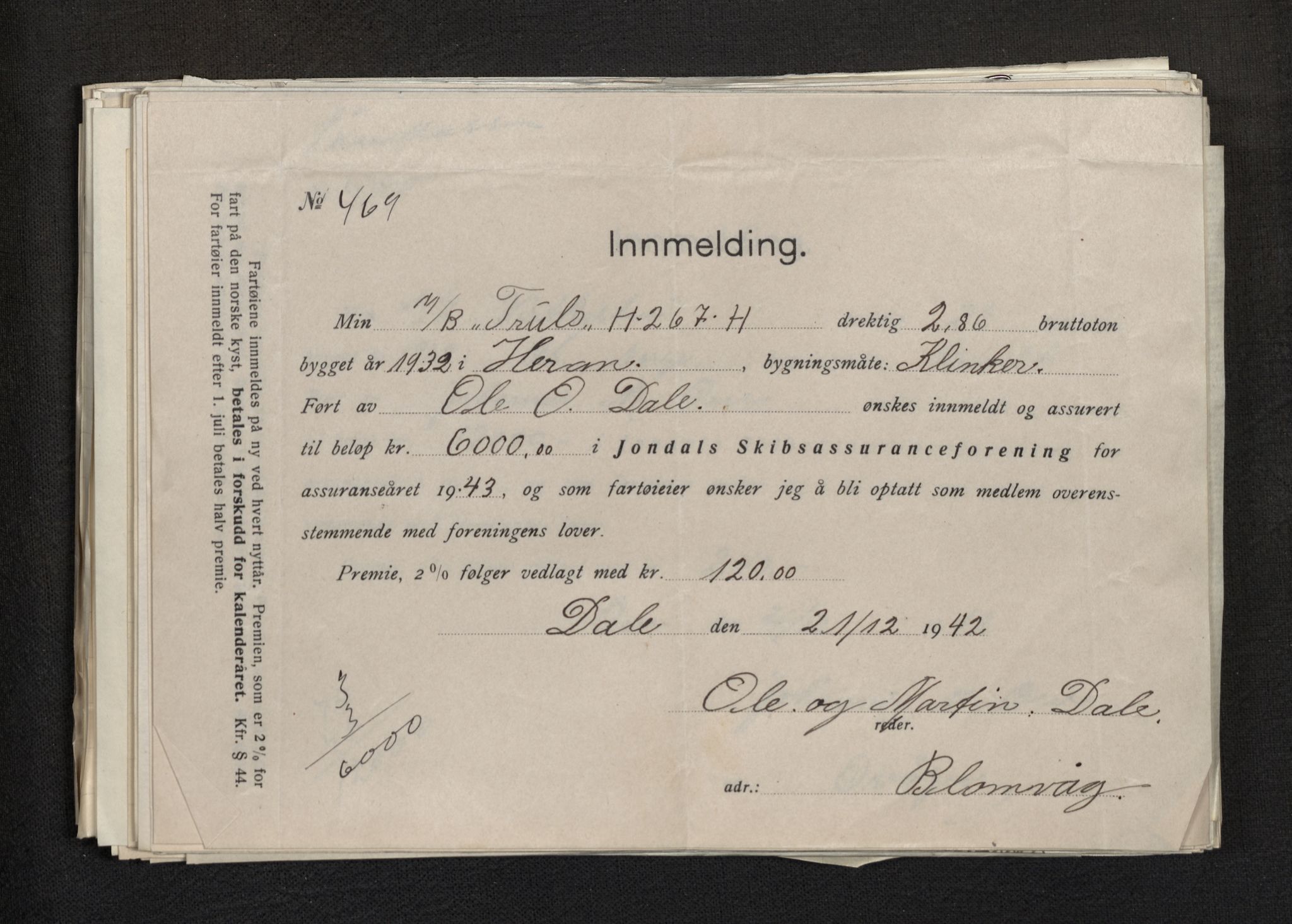 Jondal Skipsassuranseforening, AV/SAB-SAB/PA-0276/E/L0113: Korrespondanse , 1943